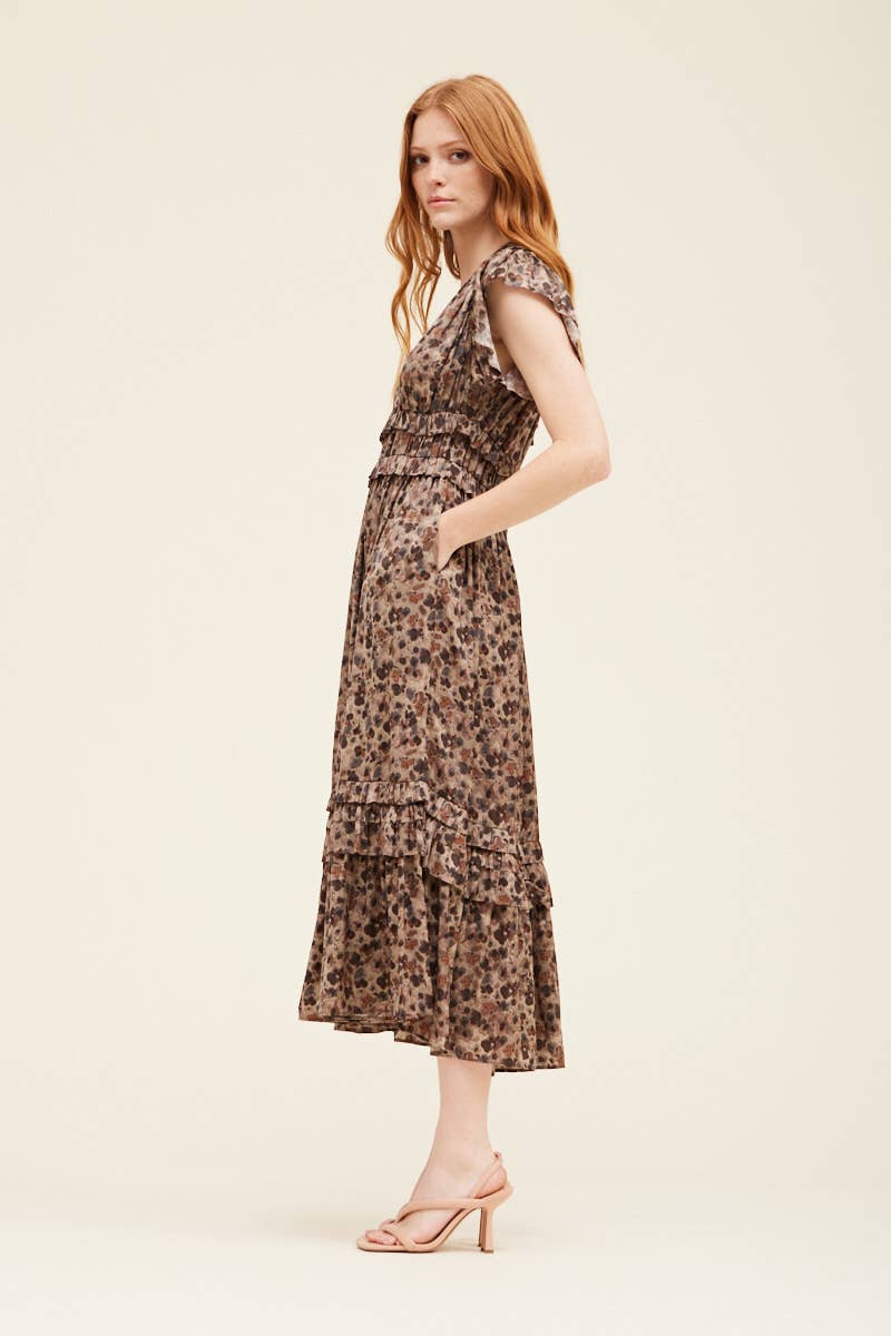Ruffled Satin V Neck Dress - NYC