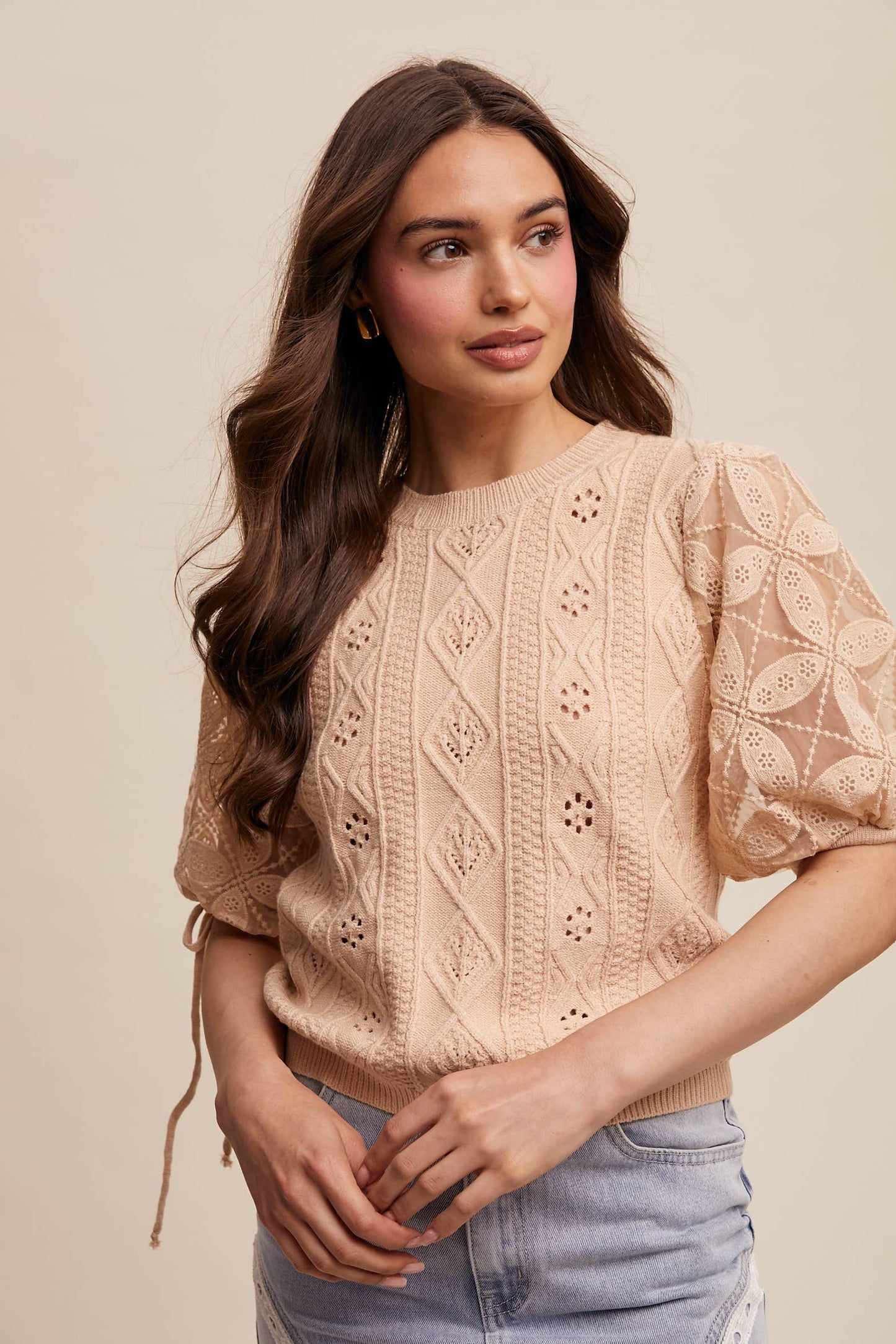 Eyelet Puff Sleeve Knit Sweater Top