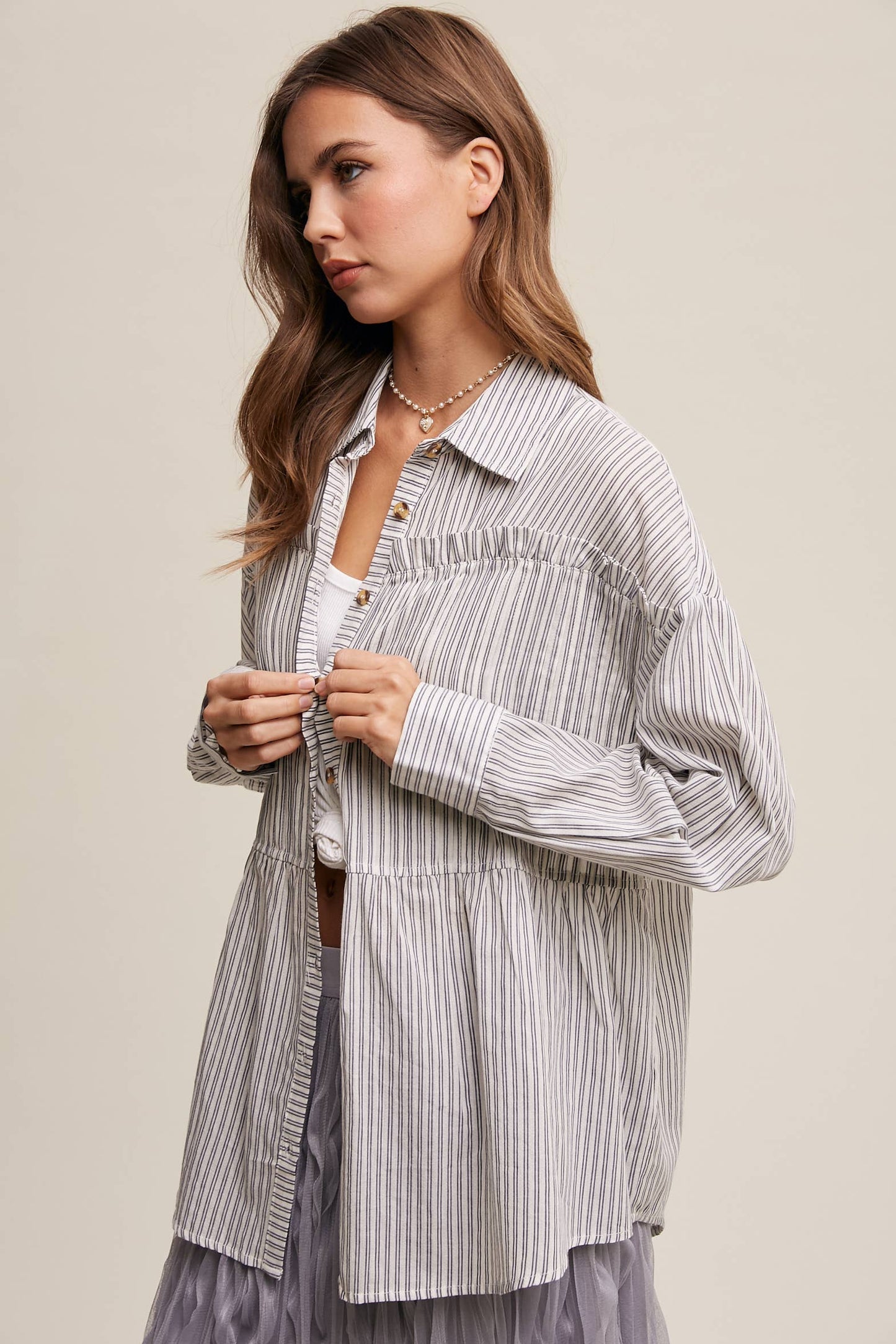 Striped Peplum Button-Down Shirt