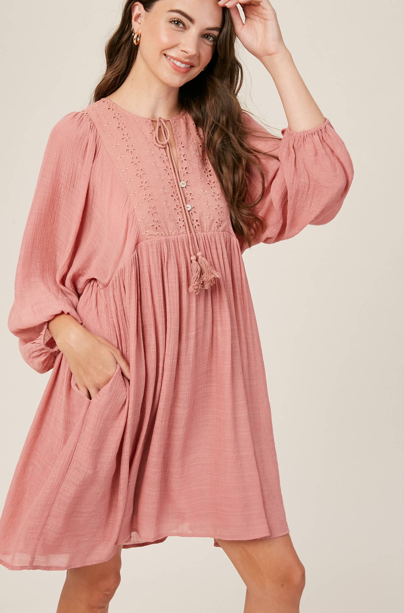 Embroidered Tassel Tie Babydoll Dress