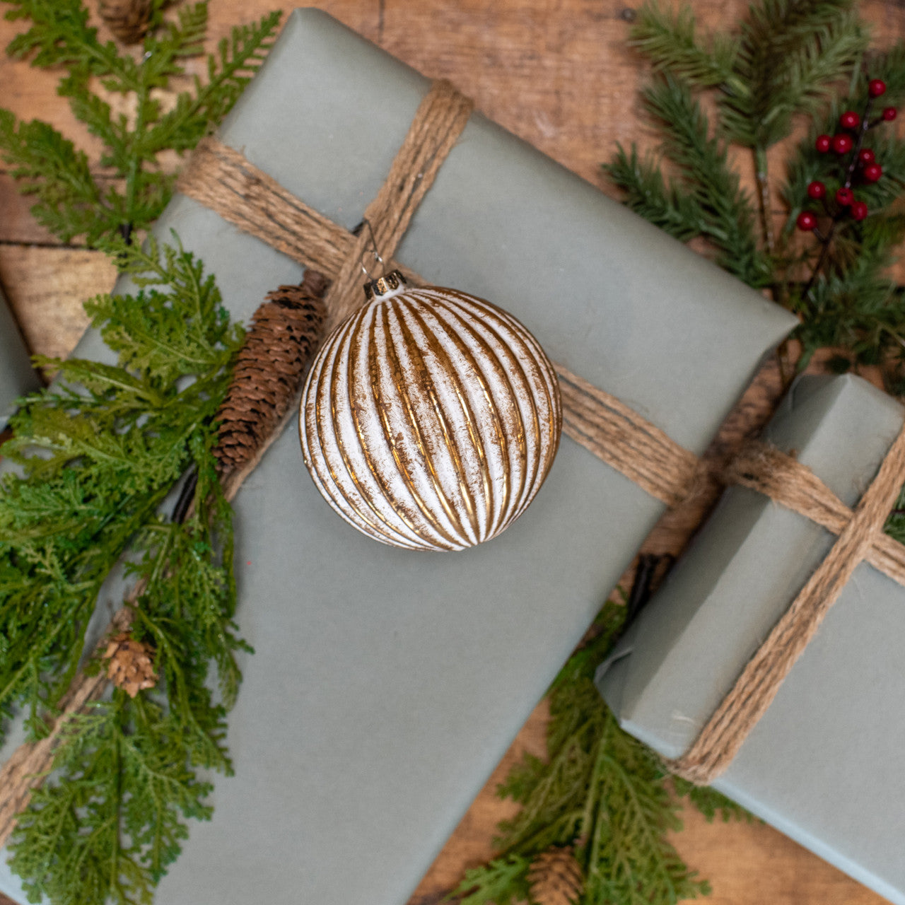 Gold & White Ribbed Ball Ornament