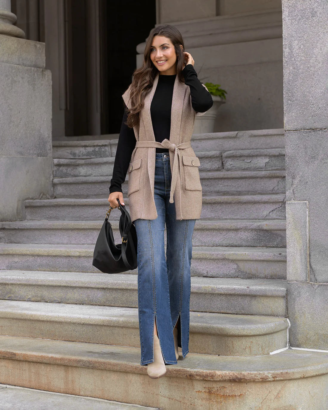 Winter Knit Long Sweater Vest | Beige Long Sweater Vest