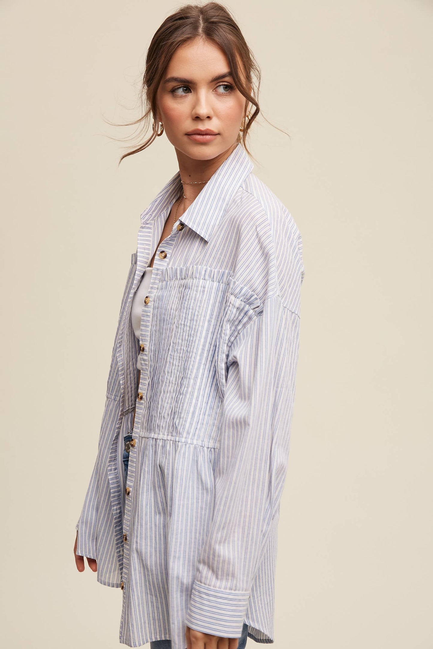 Striped Peplum Button-Down Shirt