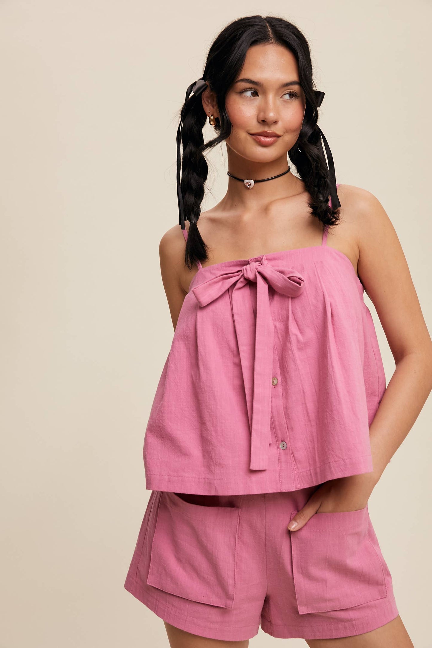 Bow-Tie Spaghetti Strap Top and Pocket Shorts Set