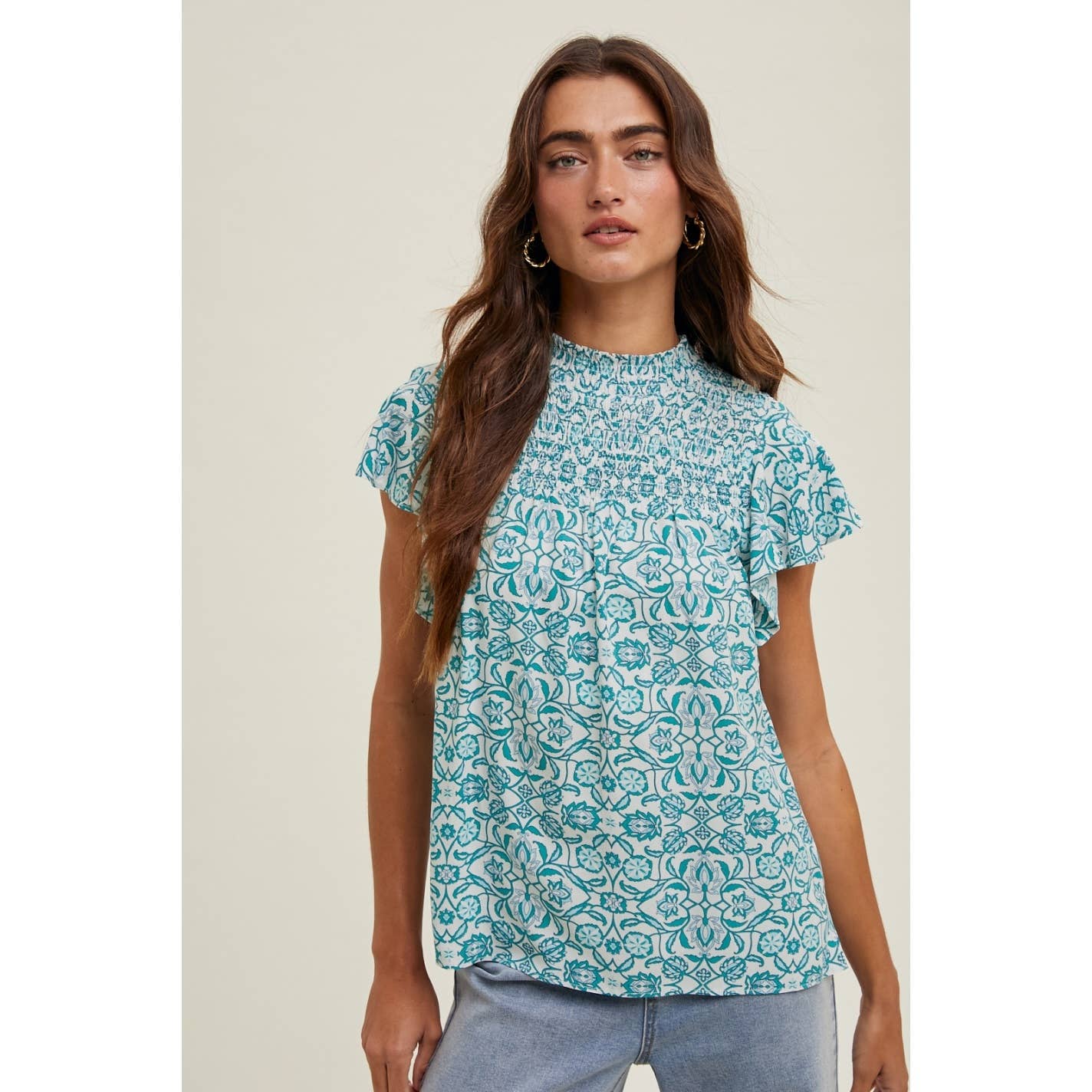 MOSAIC SMOCKED HIGH-NECK BLOUSE / WL25-10005
