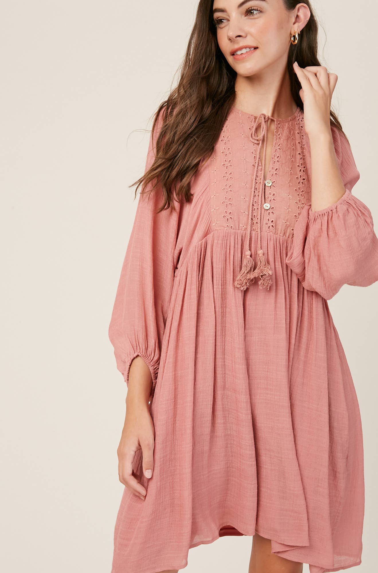 Embroidered Tassel Tie Babydoll Dress