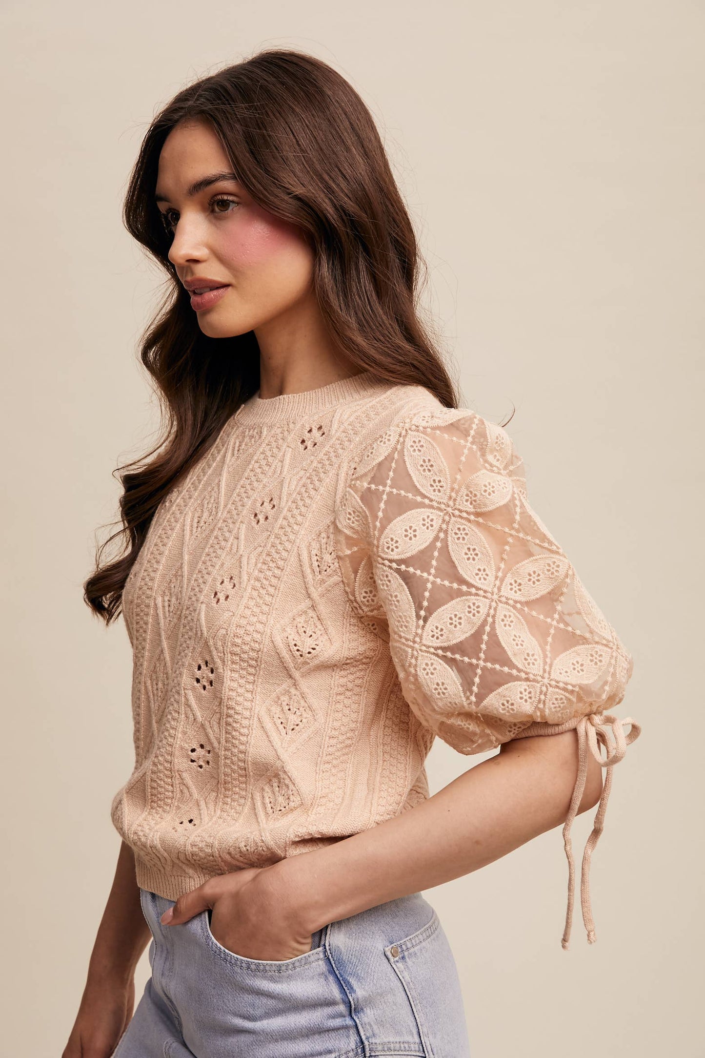 Eyelet Puff Sleeve Knit Sweater Top