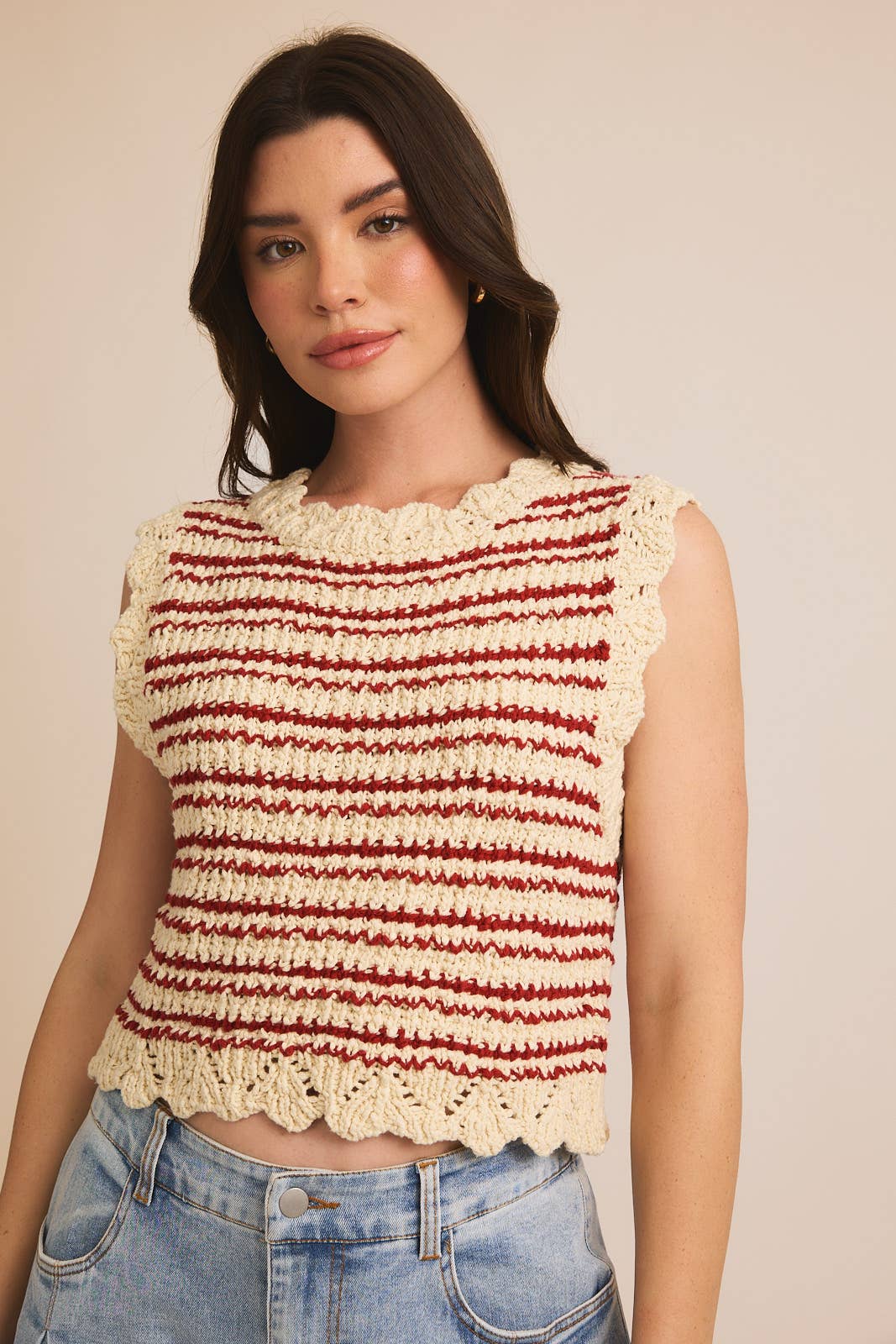 ROUND NECK SLEEVELESS STRIPE CROCHET TANK