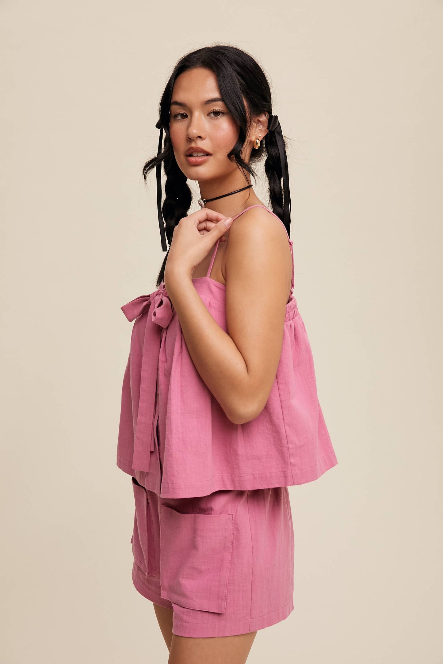 Bow-Tie Spaghetti Strap Top and Pocket Shorts Set
