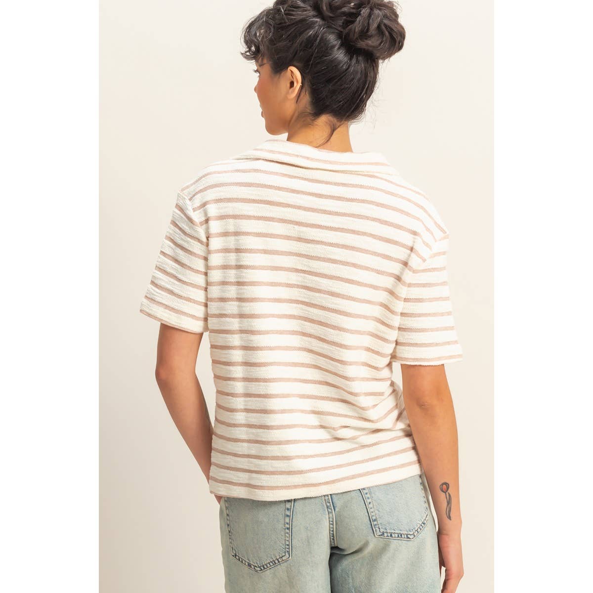 Striped Polo Neck Short Sleeve Top