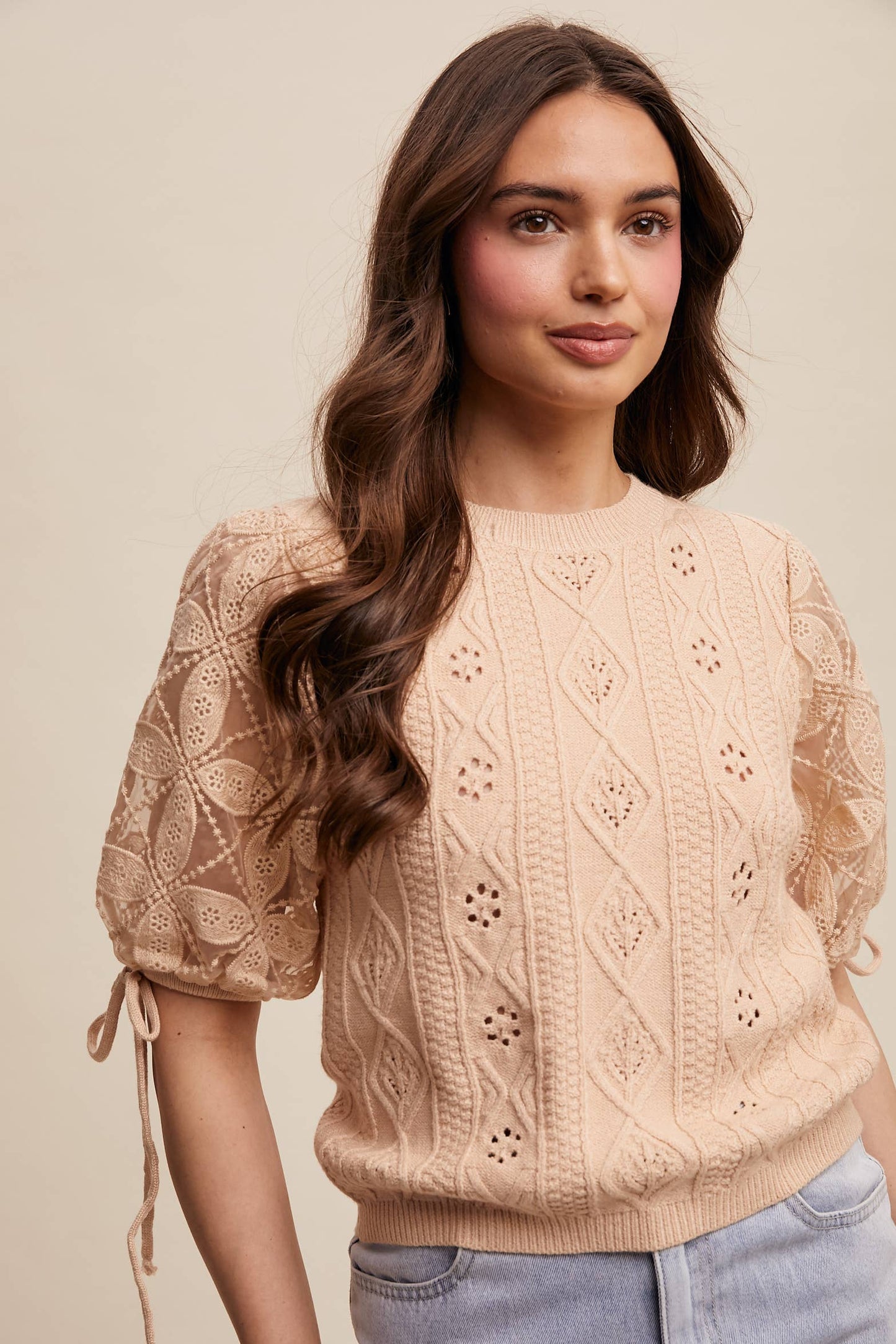 Eyelet Puff Sleeve Knit Sweater Top