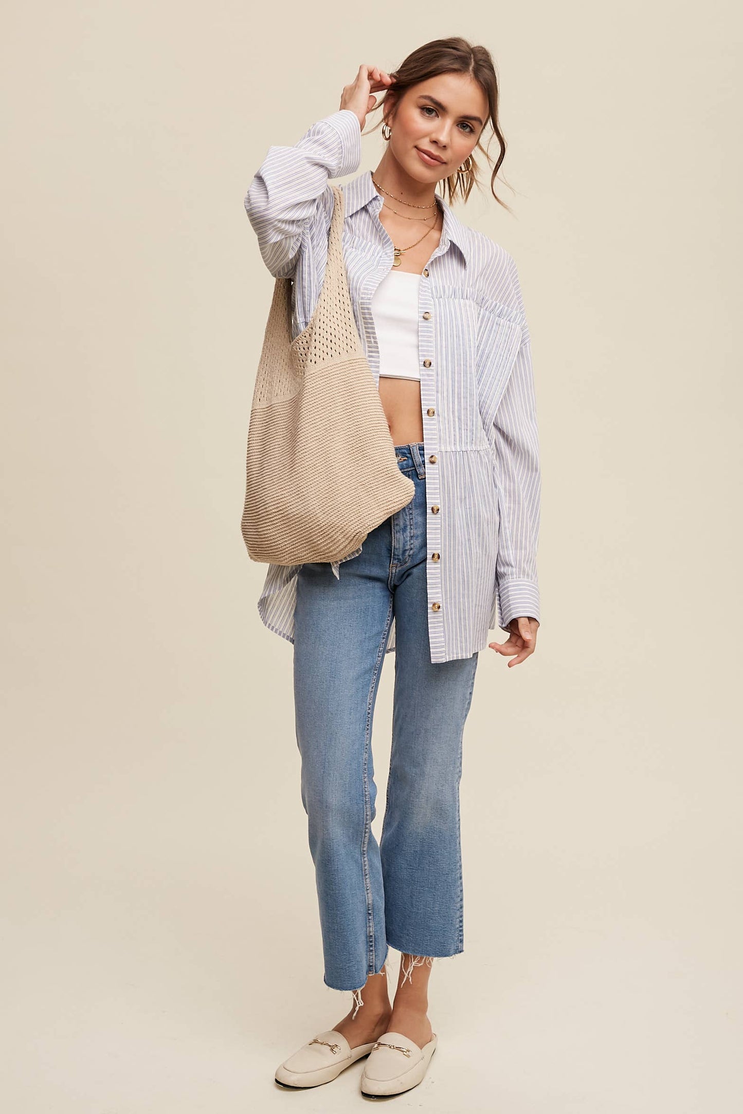 Striped Peplum Button-Down Shirt