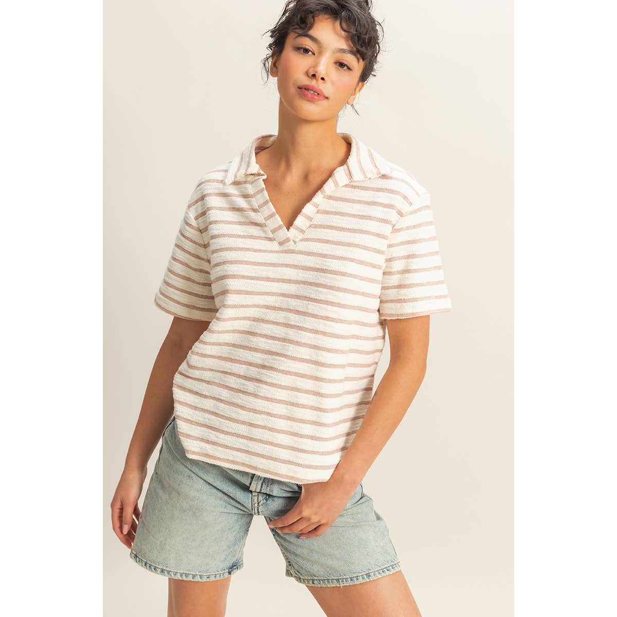 Striped Polo Neck Short Sleeve Top