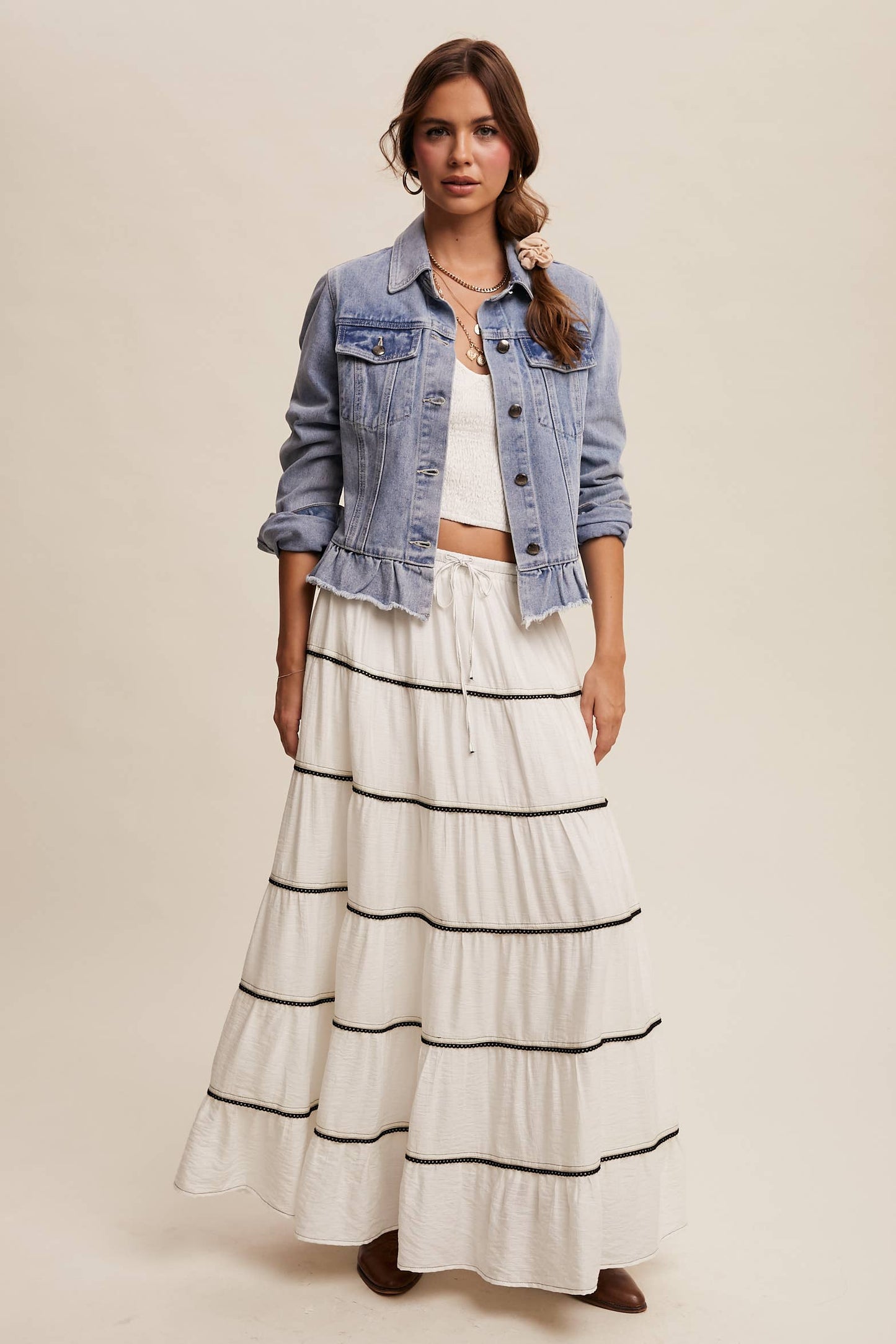 Ruffled Hem Denim Jacket