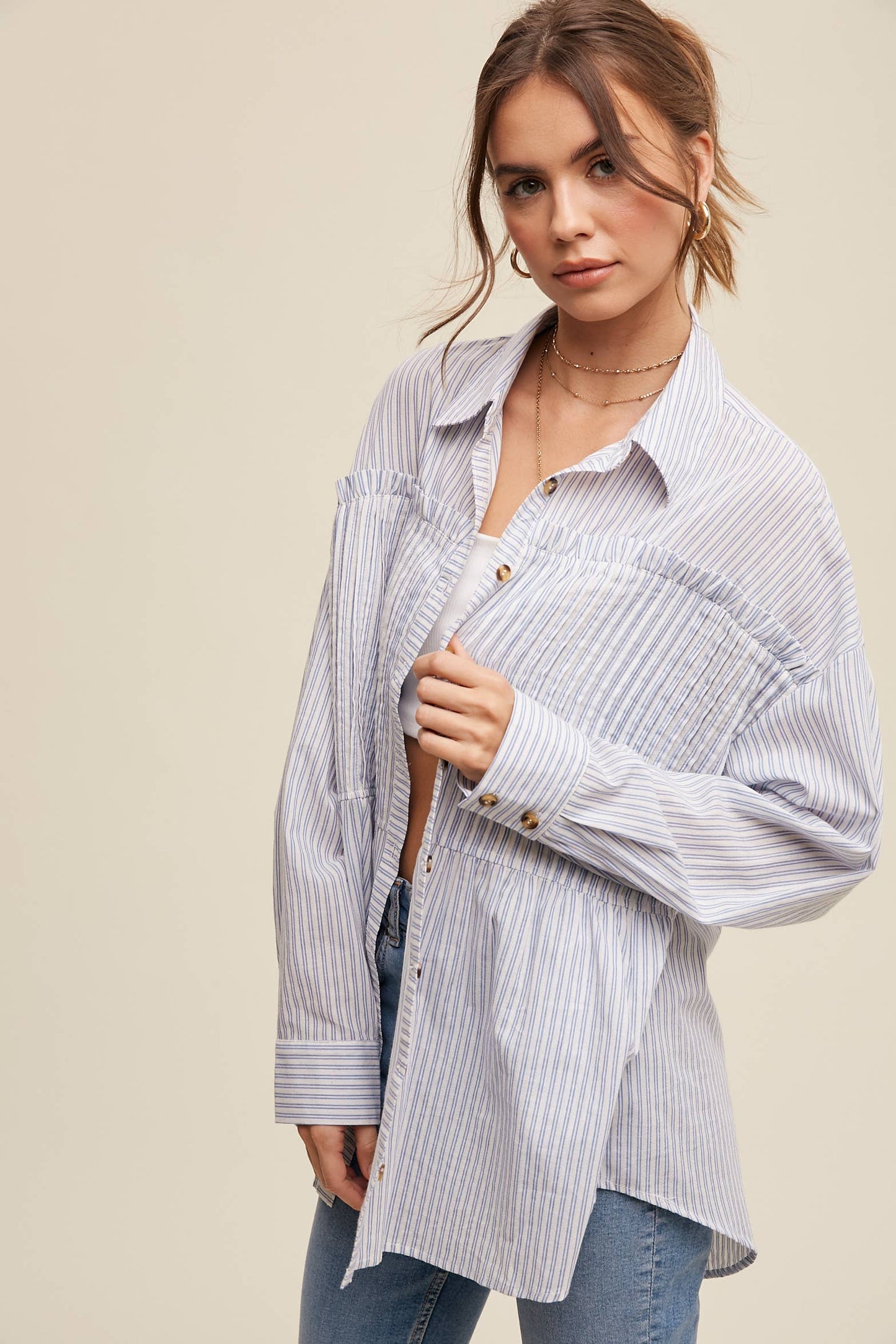 Striped Peplum Button-Down Shirt