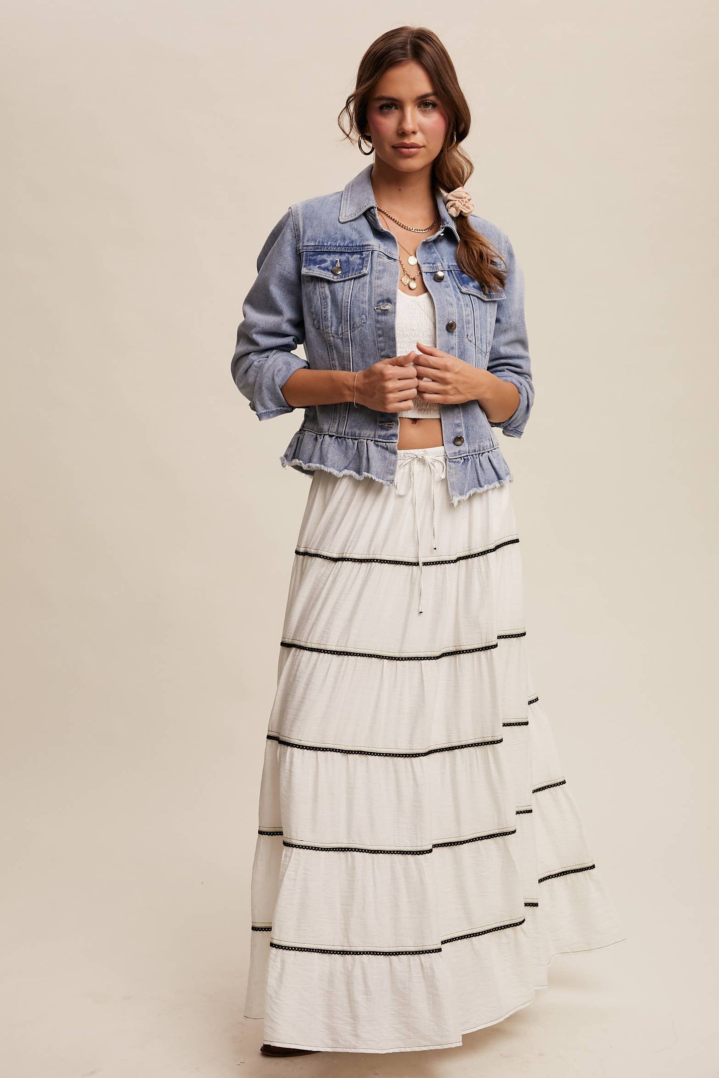 Ruffled Hem Denim Jacket