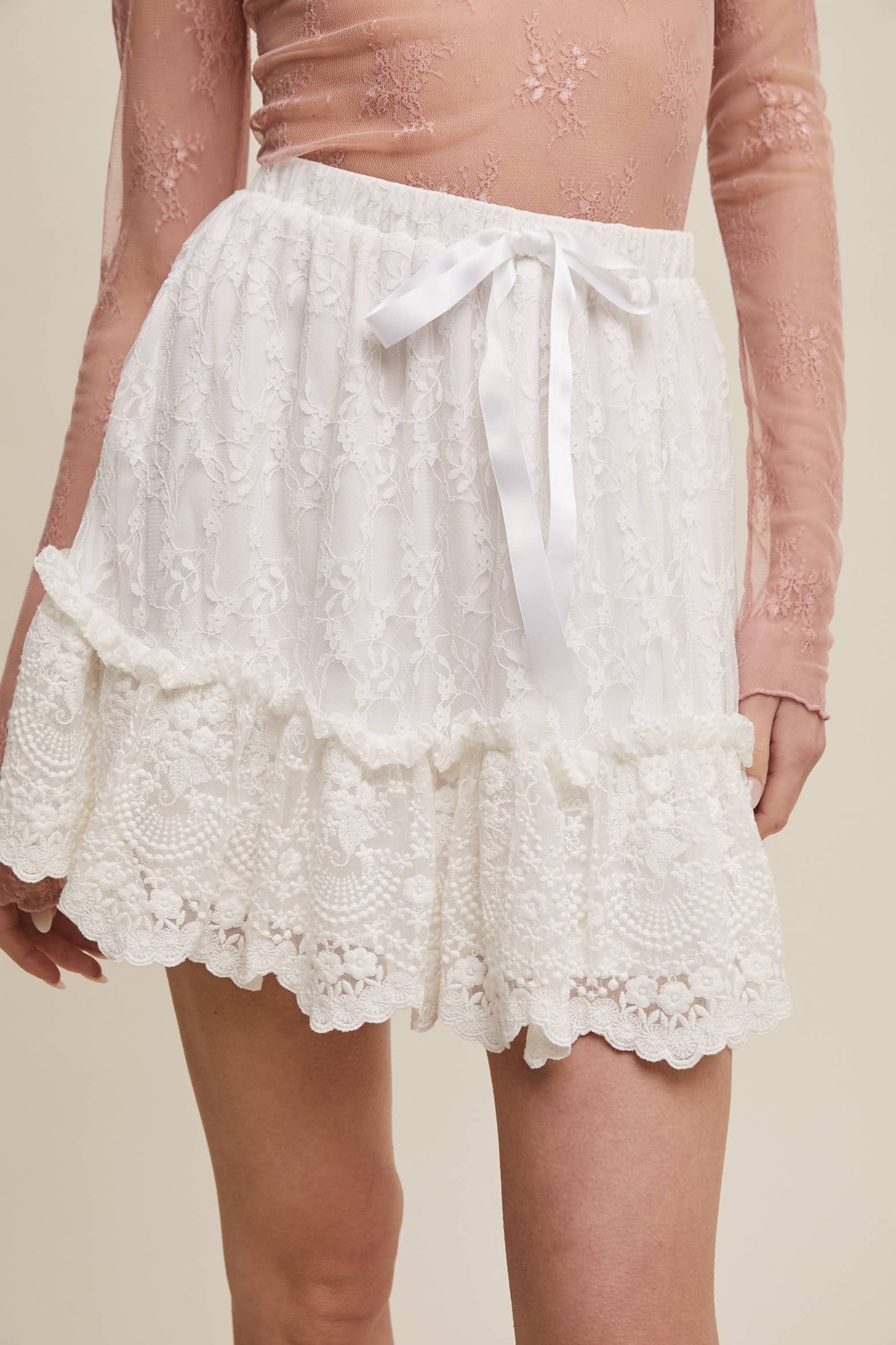 Embroidery Lace Tiered Mini Skirt