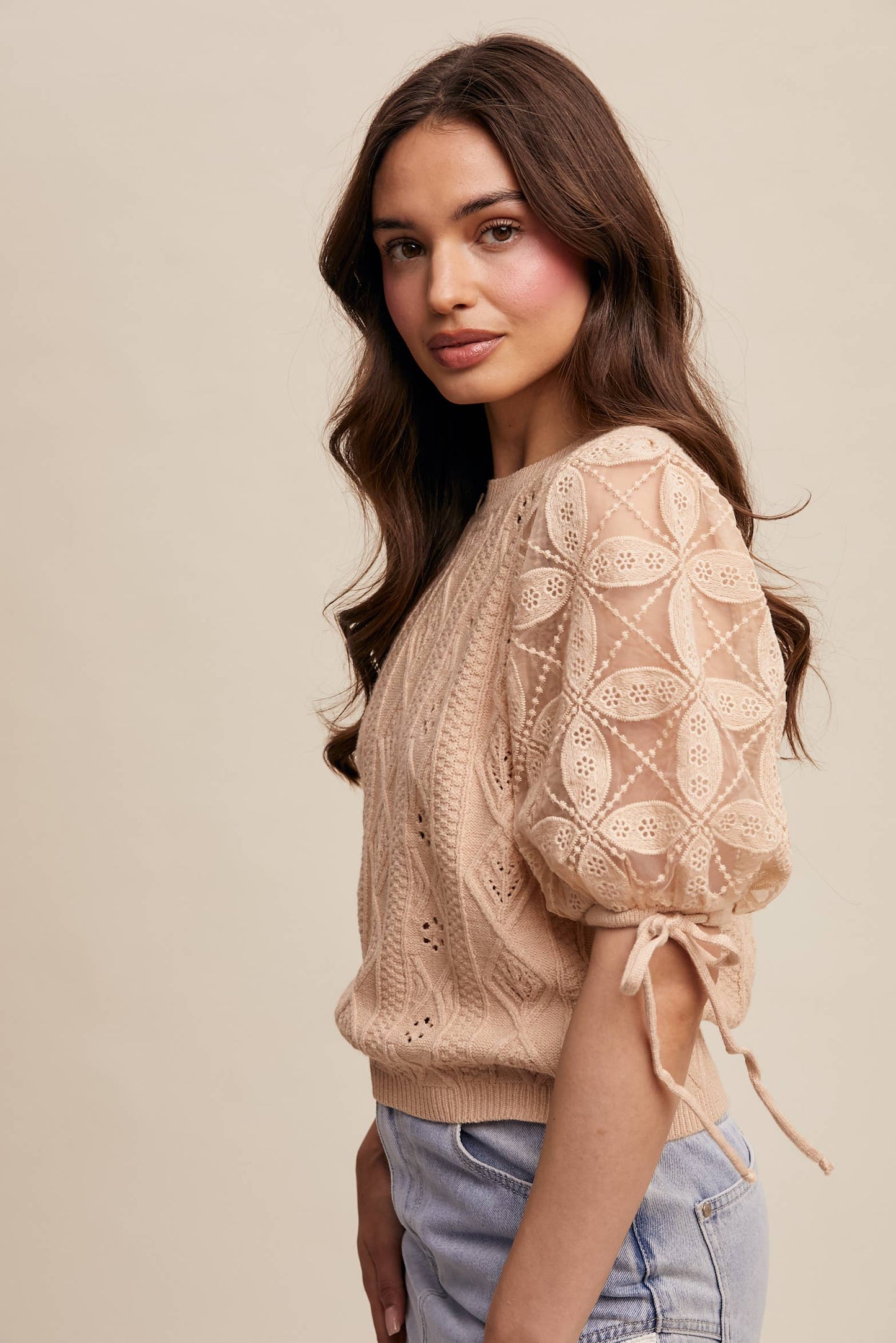 Eyelet Puff Sleeve Knit Sweater Top