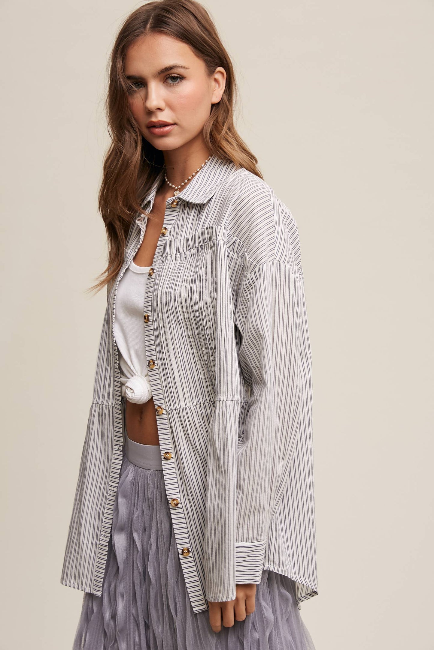 Striped Peplum Button-Down Shirt