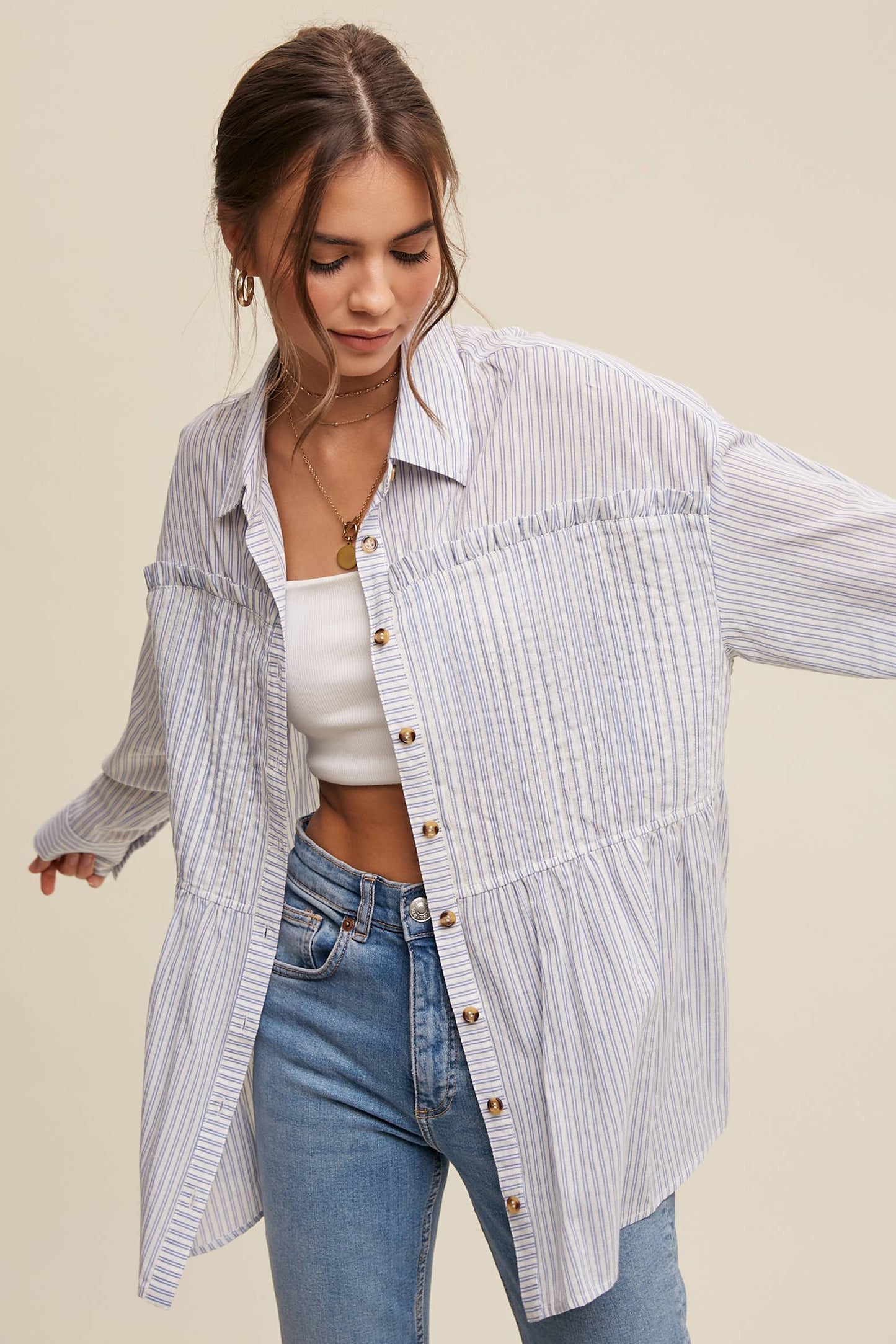 Striped Peplum Button-Down Shirt