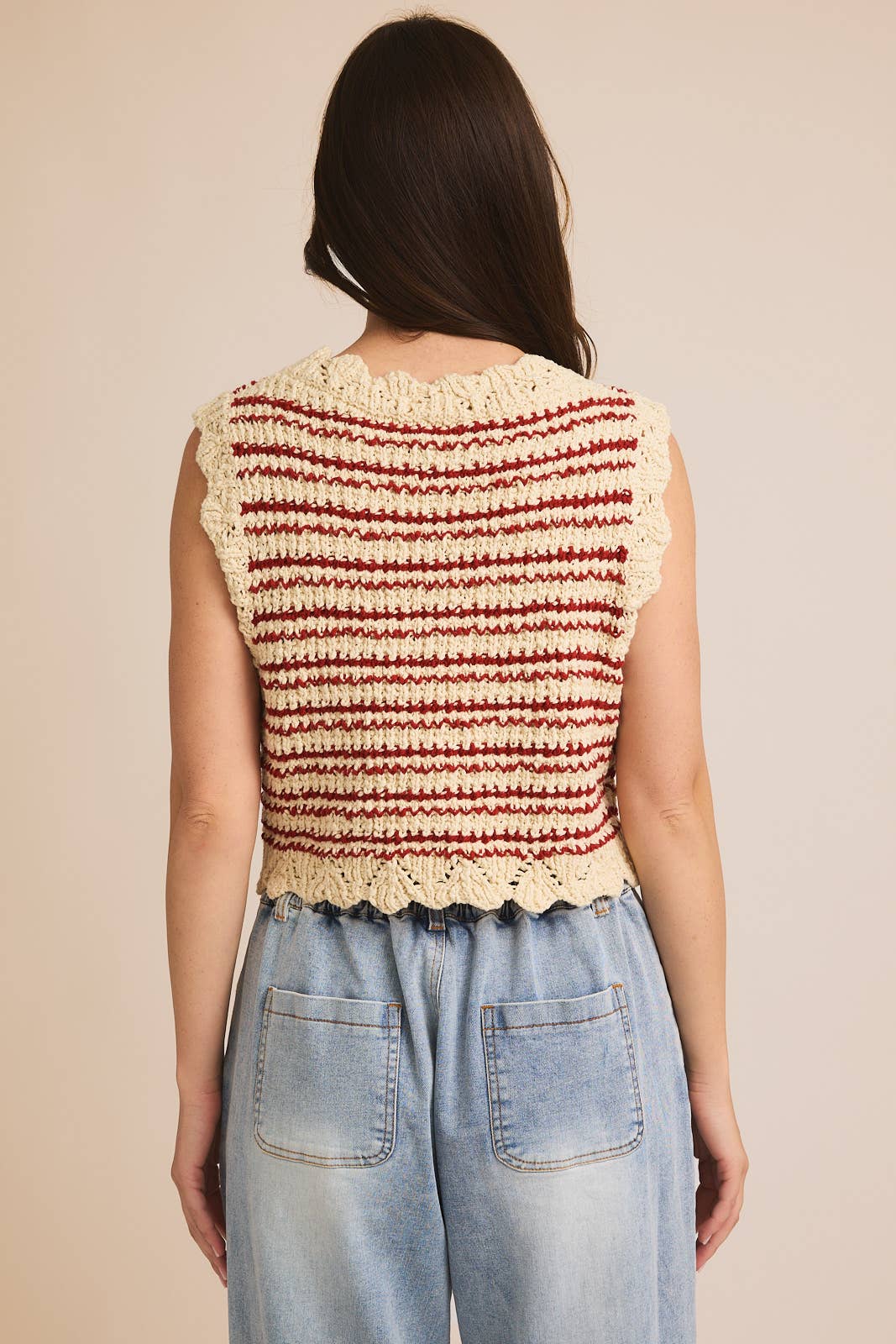 ROUND NECK SLEEVELESS STRIPE CROCHET TANK