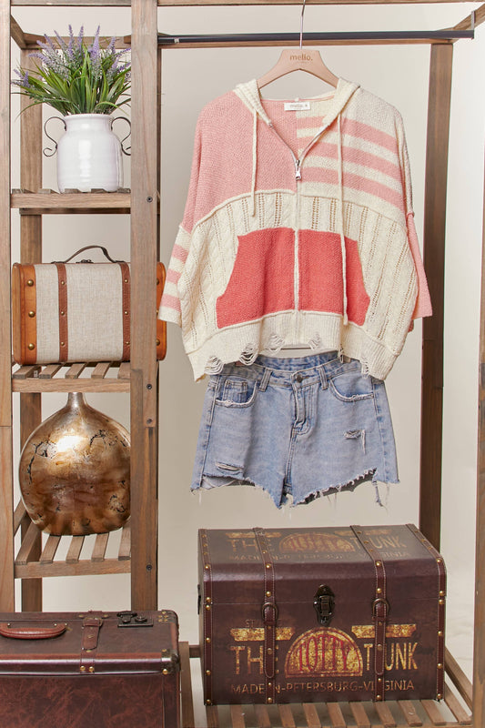 Stripe Distressed Knit Hoodie