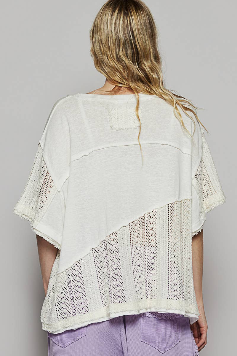 Oversize round neck crochet print peace mark top SALE