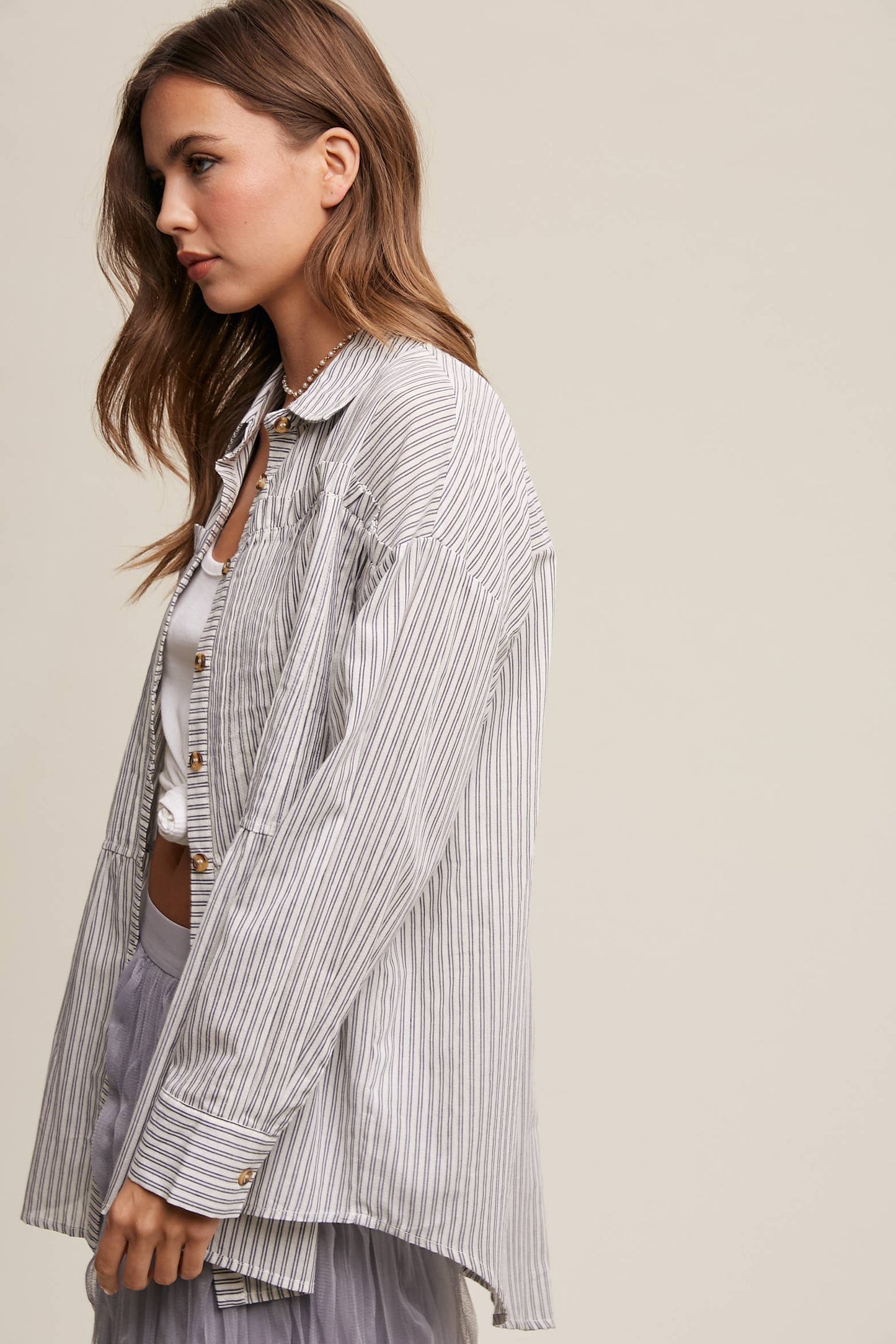 Striped Peplum Button-Down Shirt