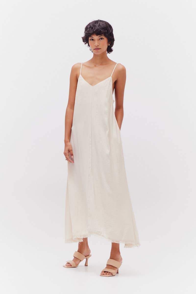 Grade & Gather Raw Hem Satin Midi Dress