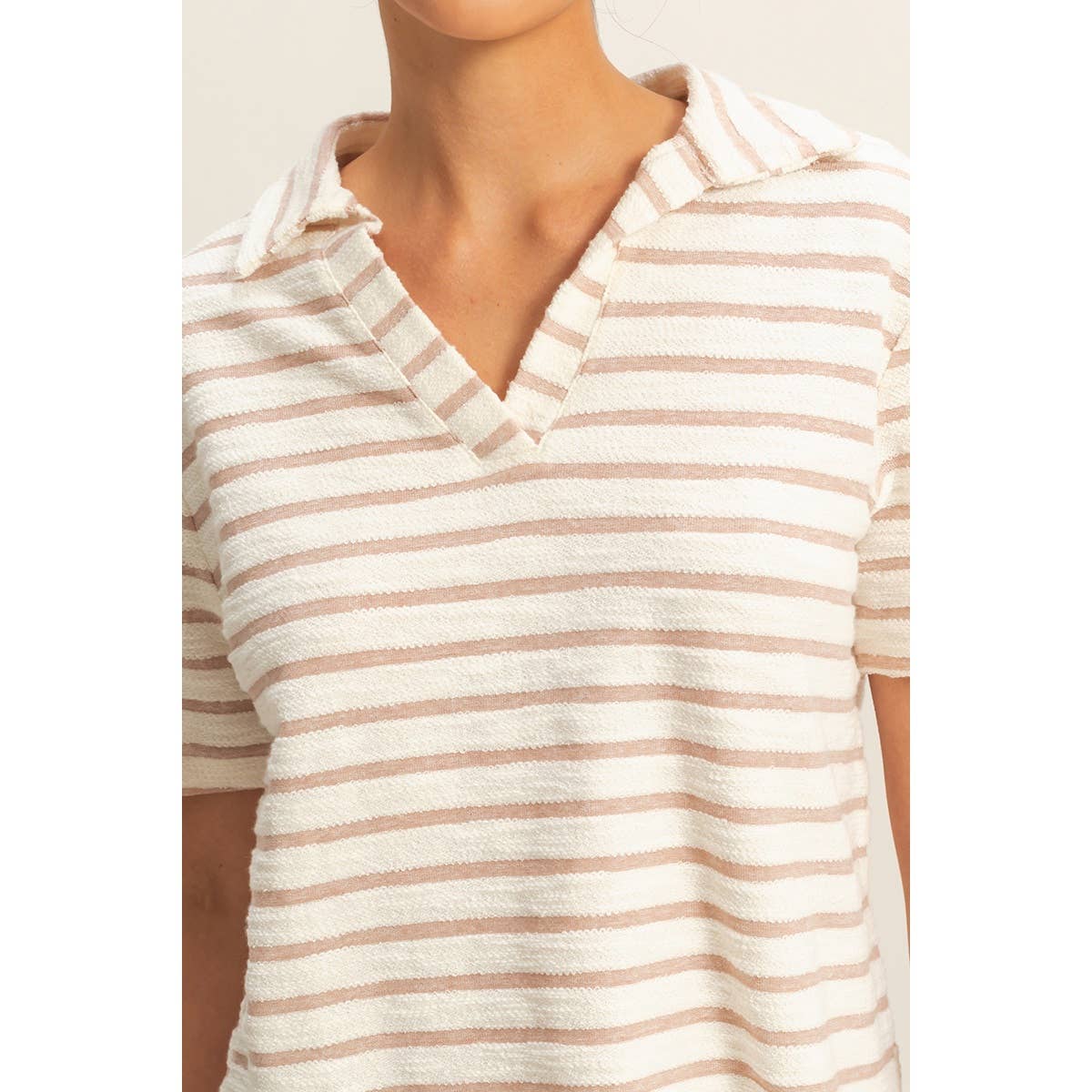 Striped Polo Neck Short Sleeve Top