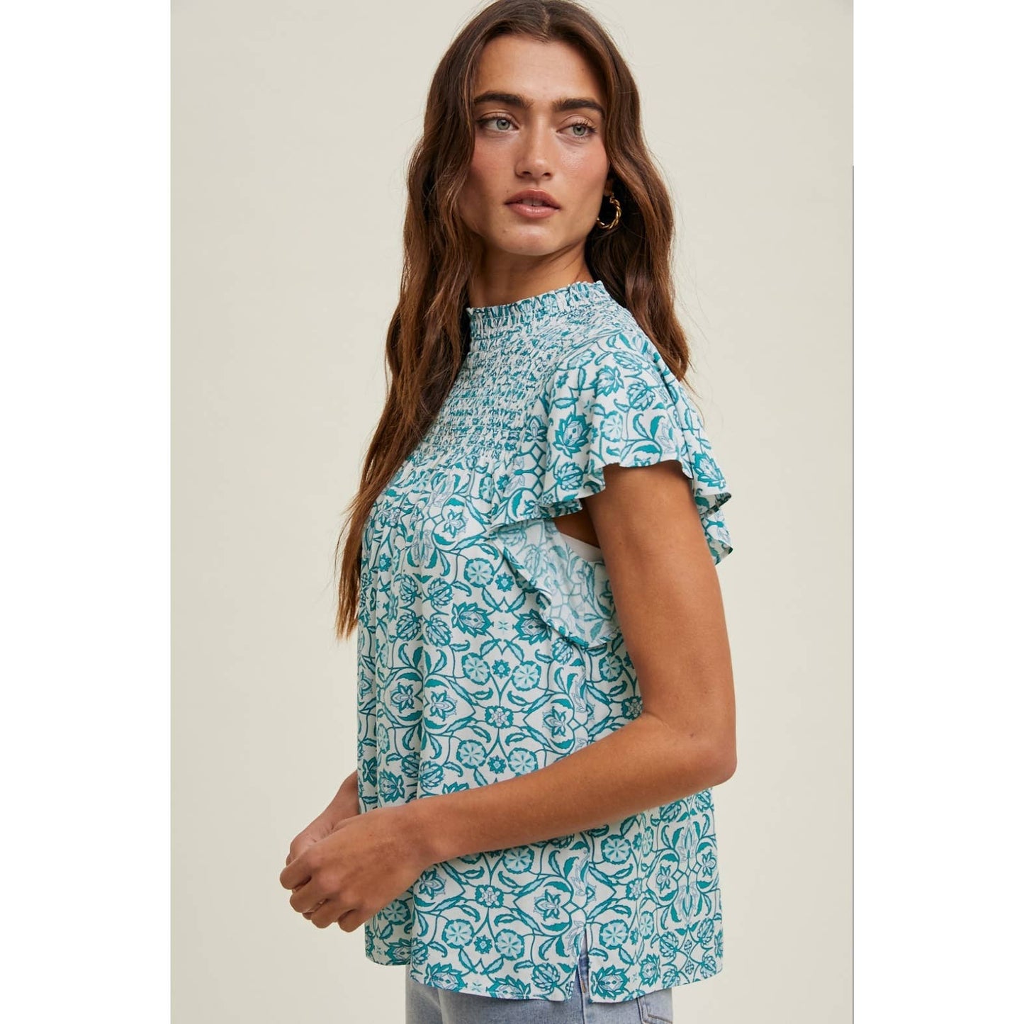 MOSAIC SMOCKED HIGH-NECK BLOUSE / WL25-10005