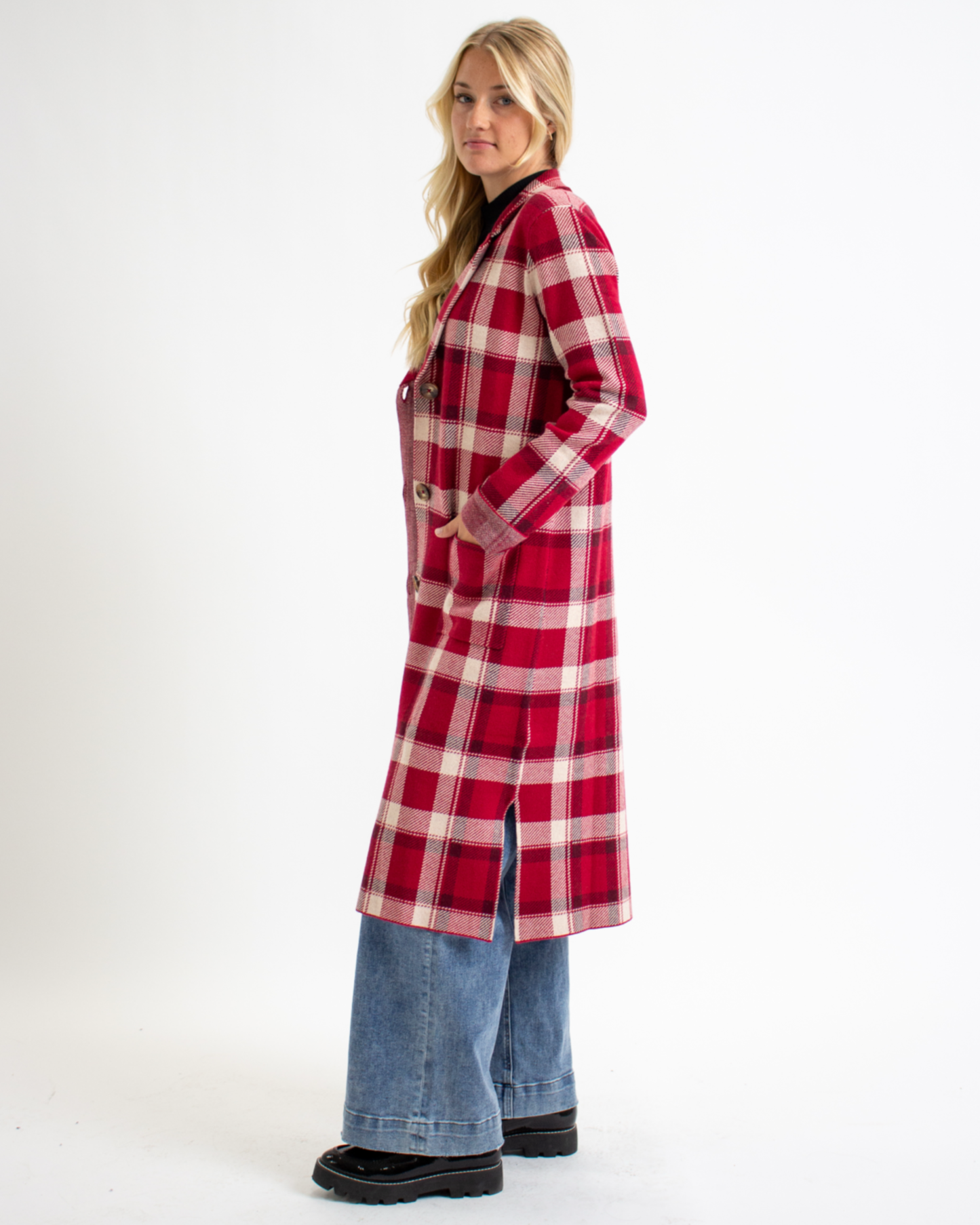 Heritage Red Plaid Button Down Long Sleeve Sweater Jacket