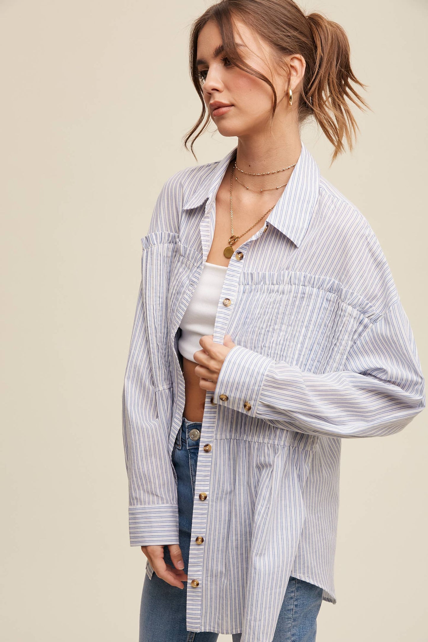 Striped Peplum Button-Down Shirt