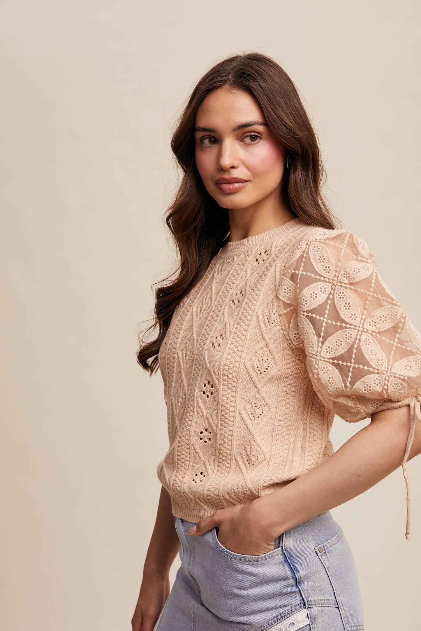 Eyelet Puff Sleeve Knit Sweater Top