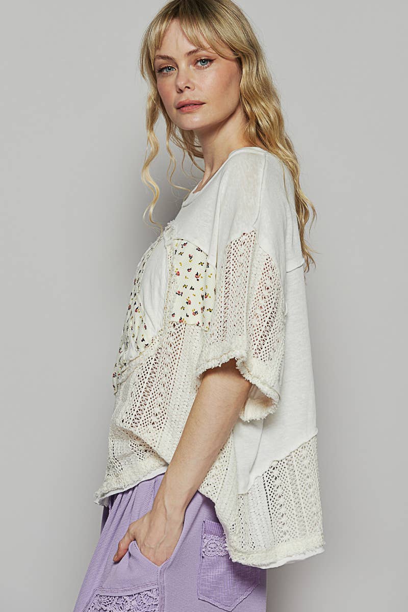 Oversize round neck crochet print peace mark top SALE