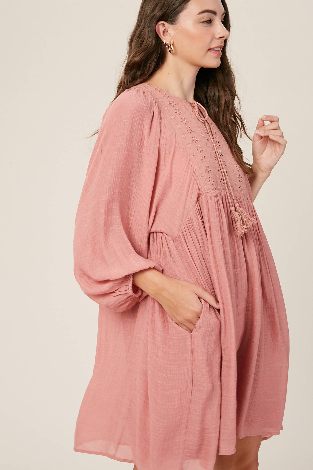 Embroidered Tassel Tie Babydoll Dress