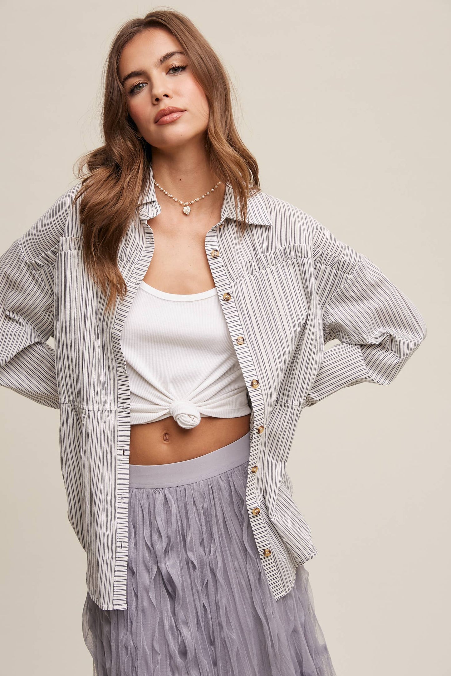 Striped Peplum Button-Down Shirt