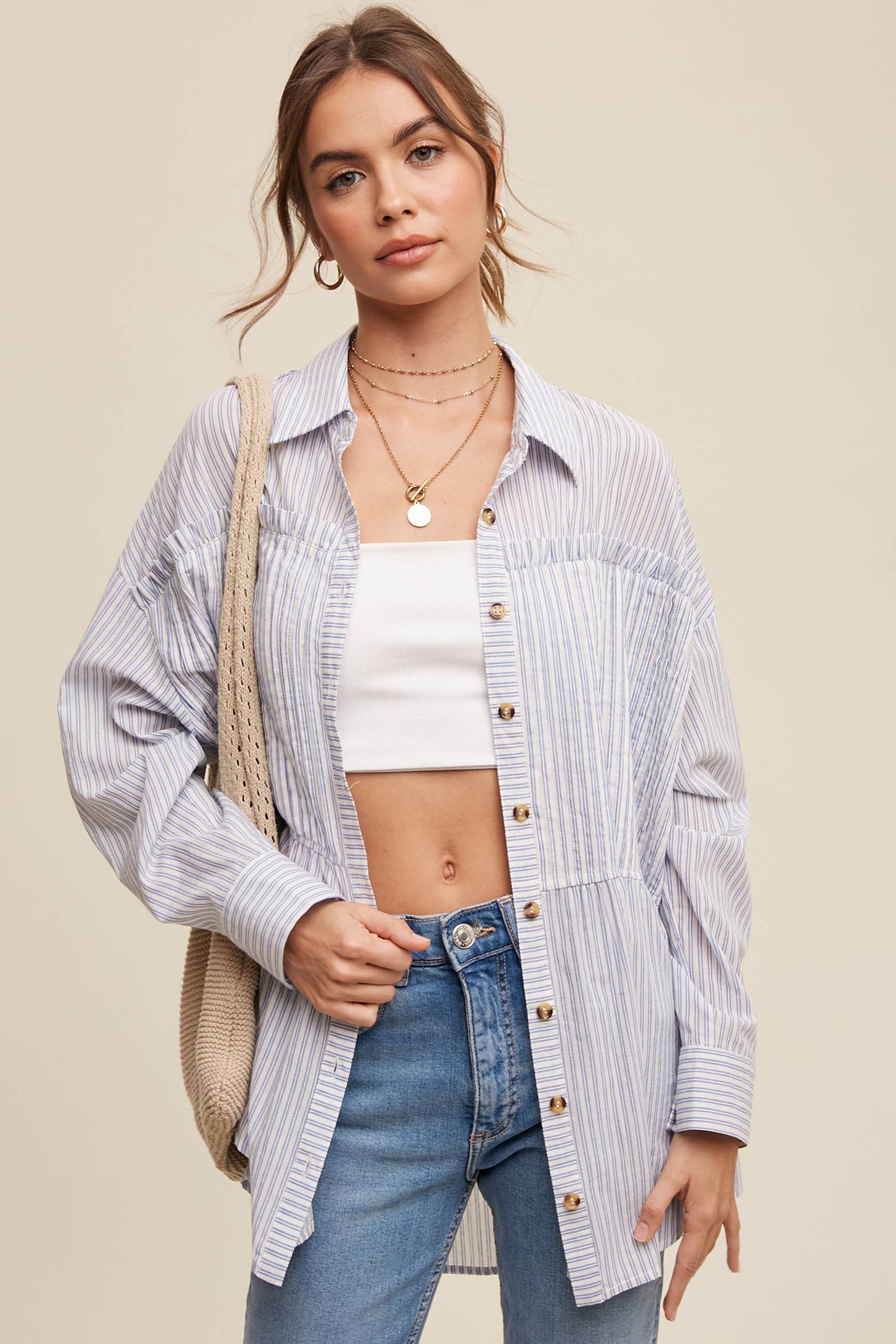 Striped Peplum Button-Down Shirt