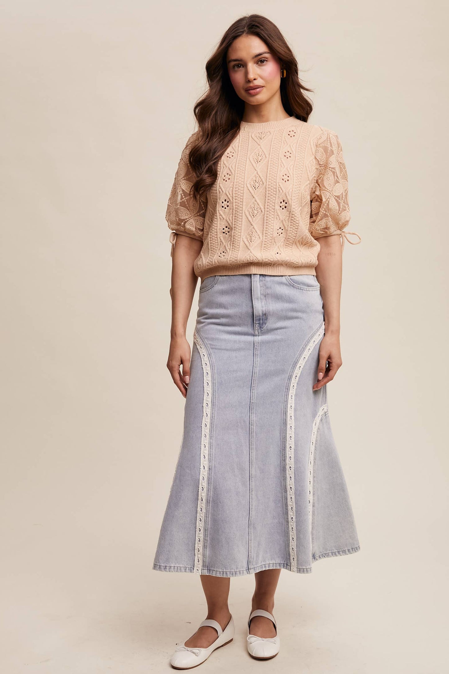 Eyelet Puff Sleeve Knit Sweater Top