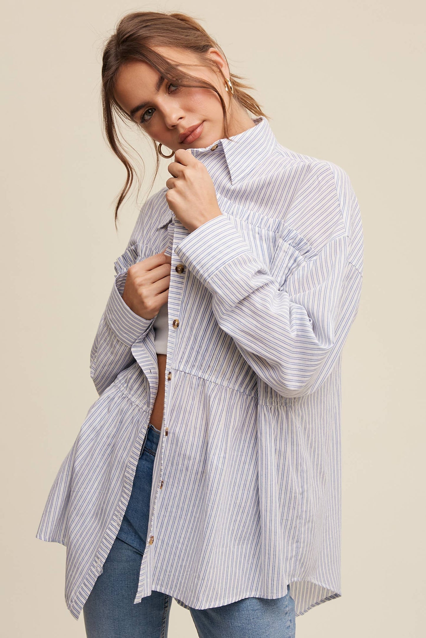 Striped Peplum Button-Down Shirt