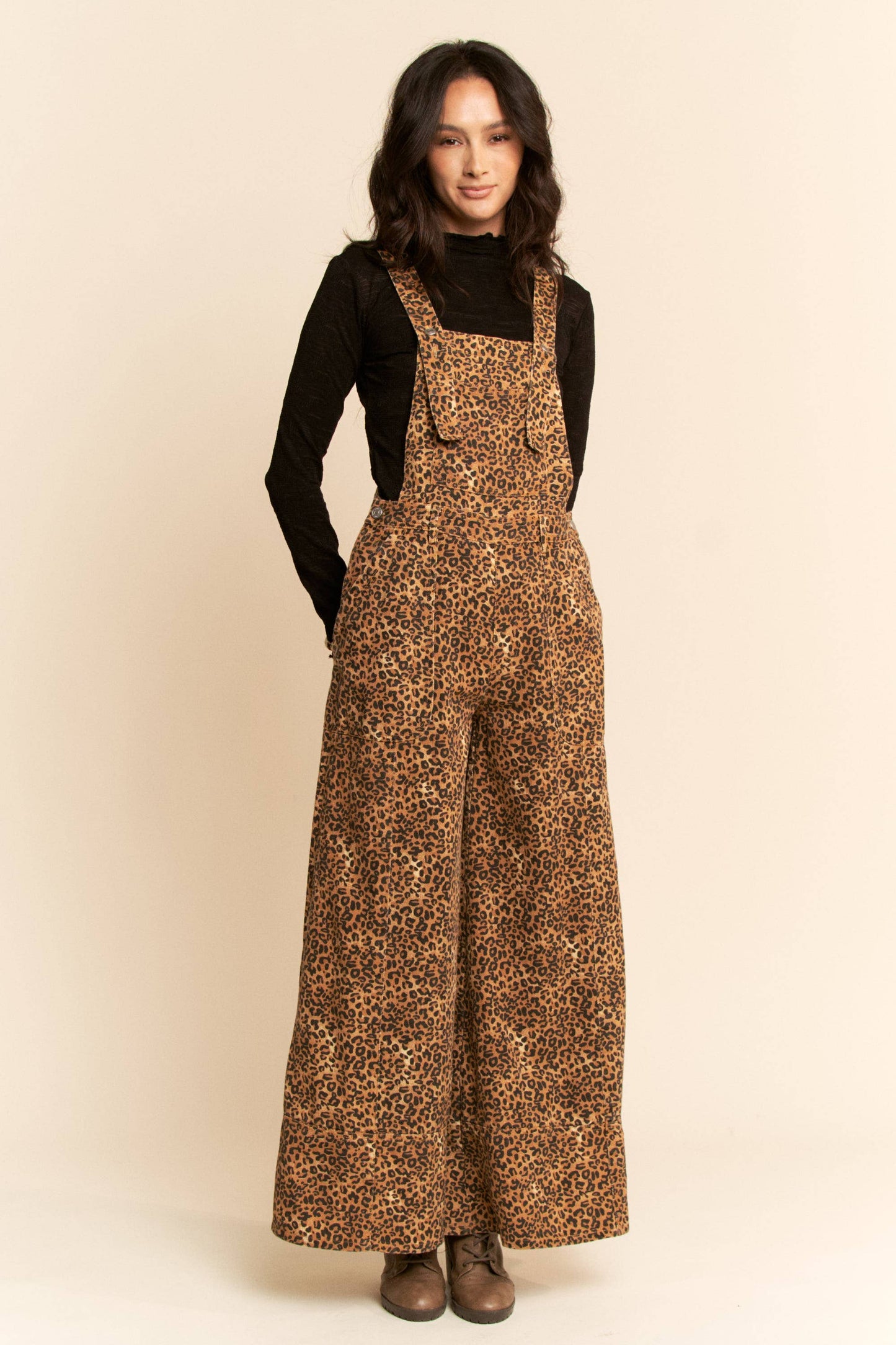 ANIMAL PRINTED DENIM WIDE OPEN LEG OVERALL PANTS