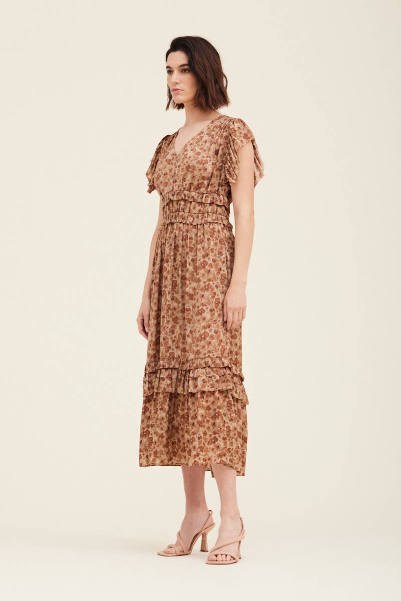 Ruffled Satin V Neck Dress - NYC