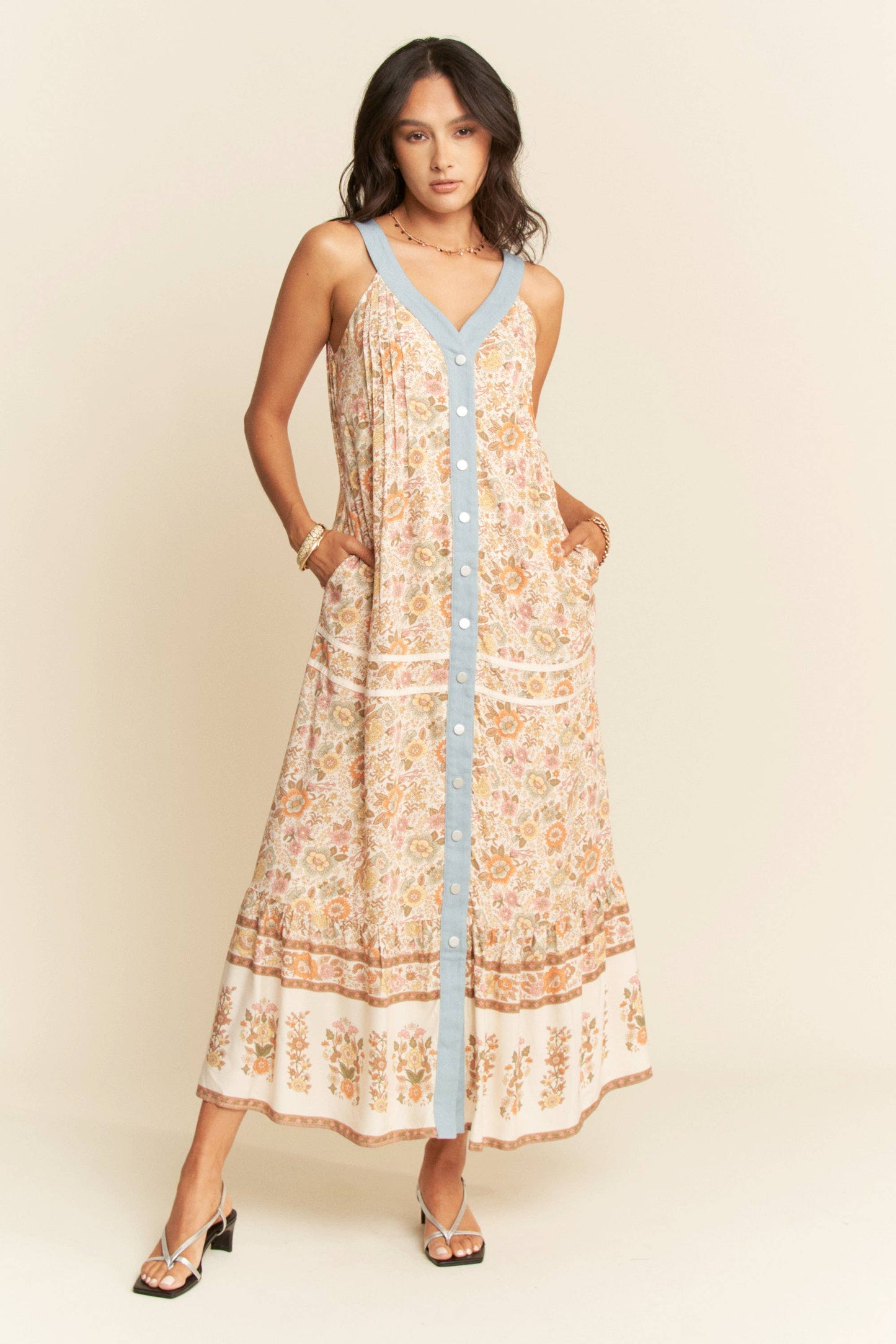 FLORAL BORDER PRINTED V NECK SLEEVELESS MAXI DRESS