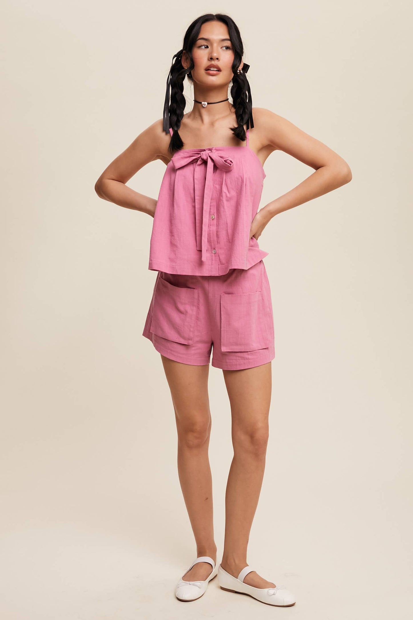 Bow-Tie Spaghetti Strap Top and Pocket Shorts Set