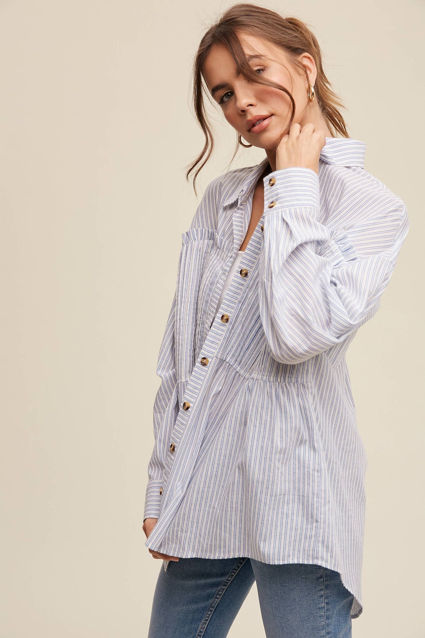 Striped Peplum Button-Down Shirt