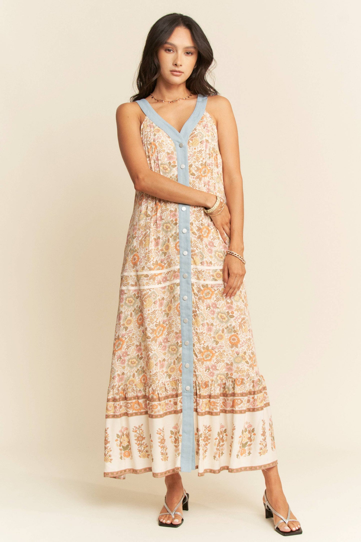 FLORAL BORDER PRINTED V NECK SLEEVELESS MAXI DRESS