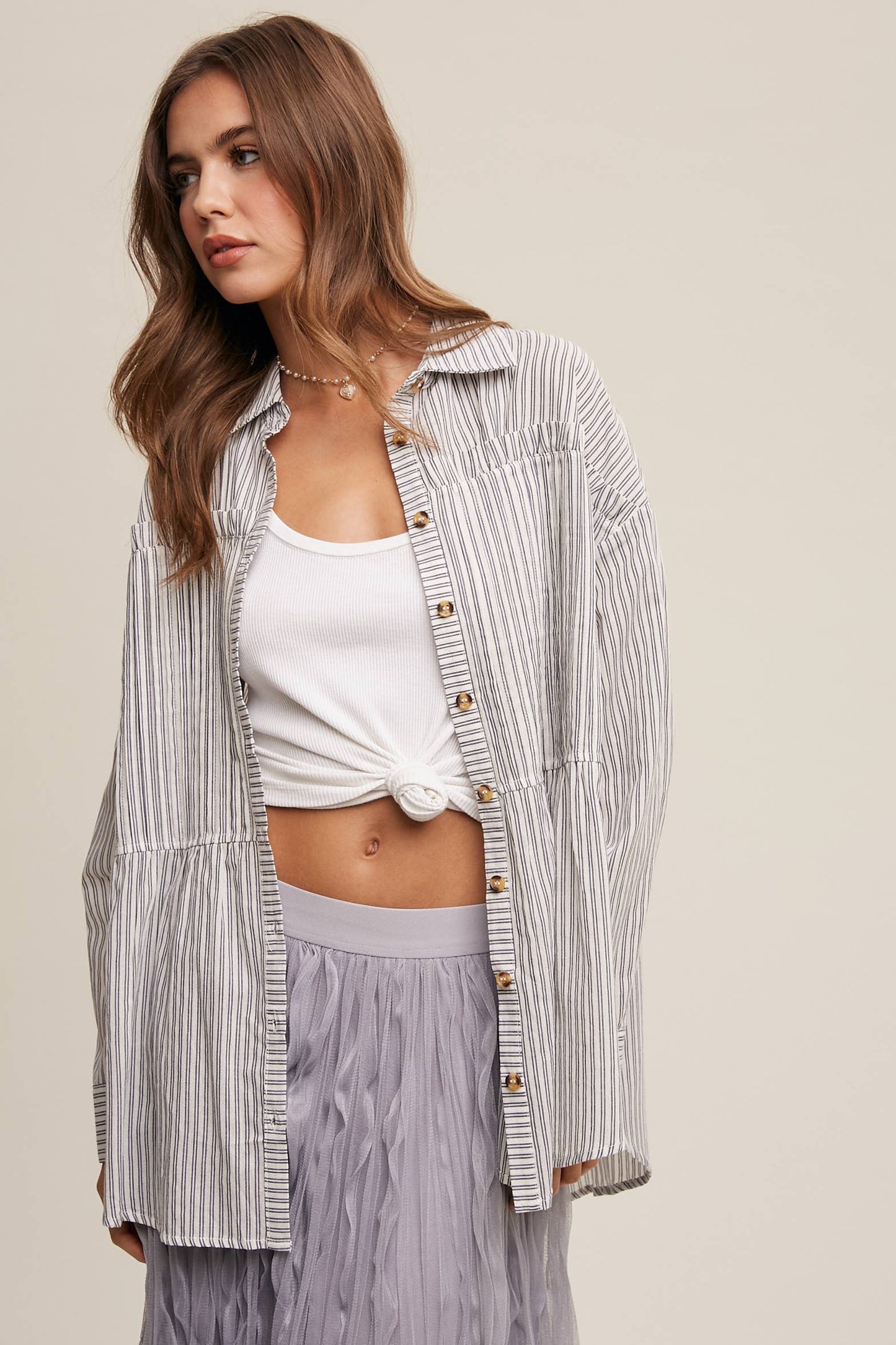 Striped Peplum Button-Down Shirt