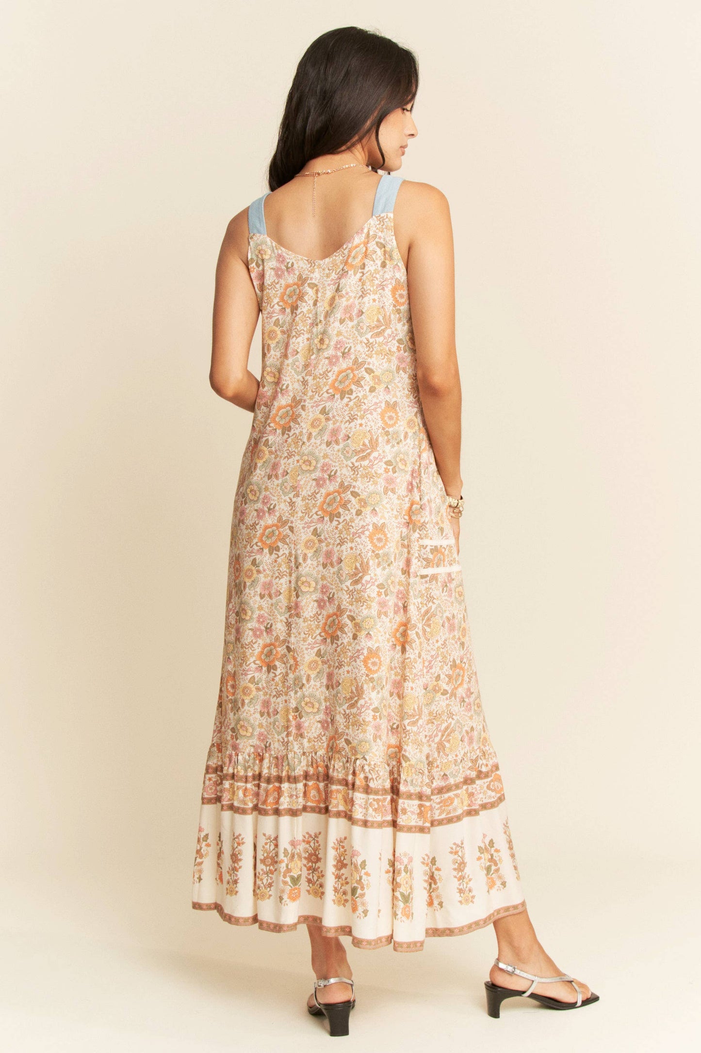 FLORAL BORDER PRINTED V NECK SLEEVELESS MAXI DRESS