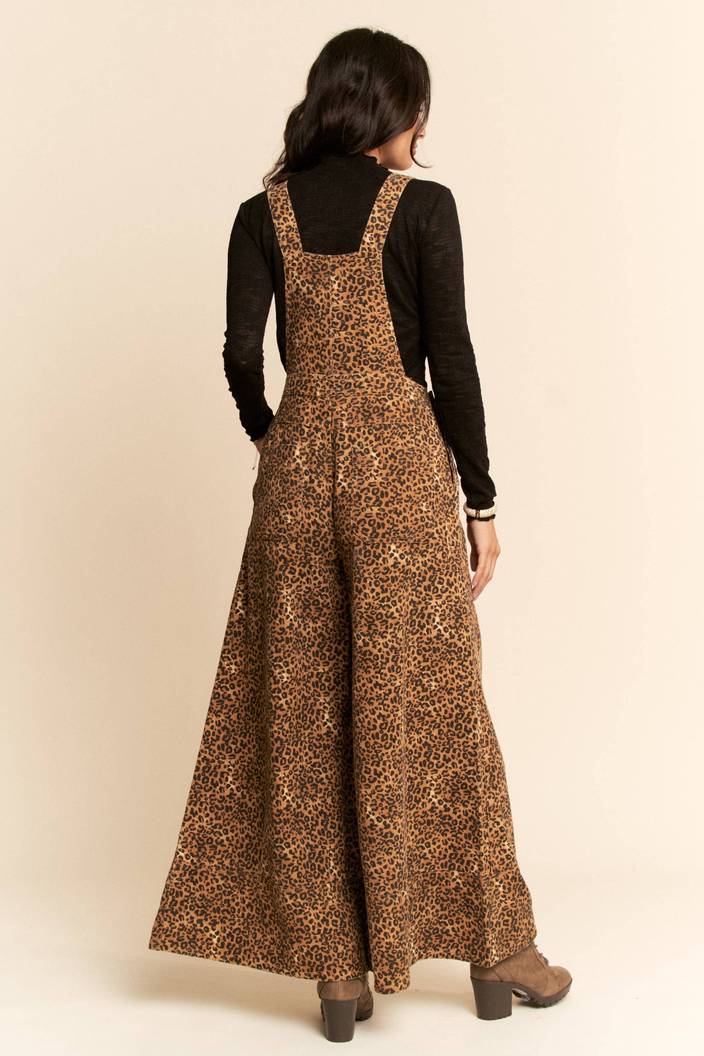 ANIMAL PRINTED DENIM WIDE OPEN LEG OVERALL PANTS