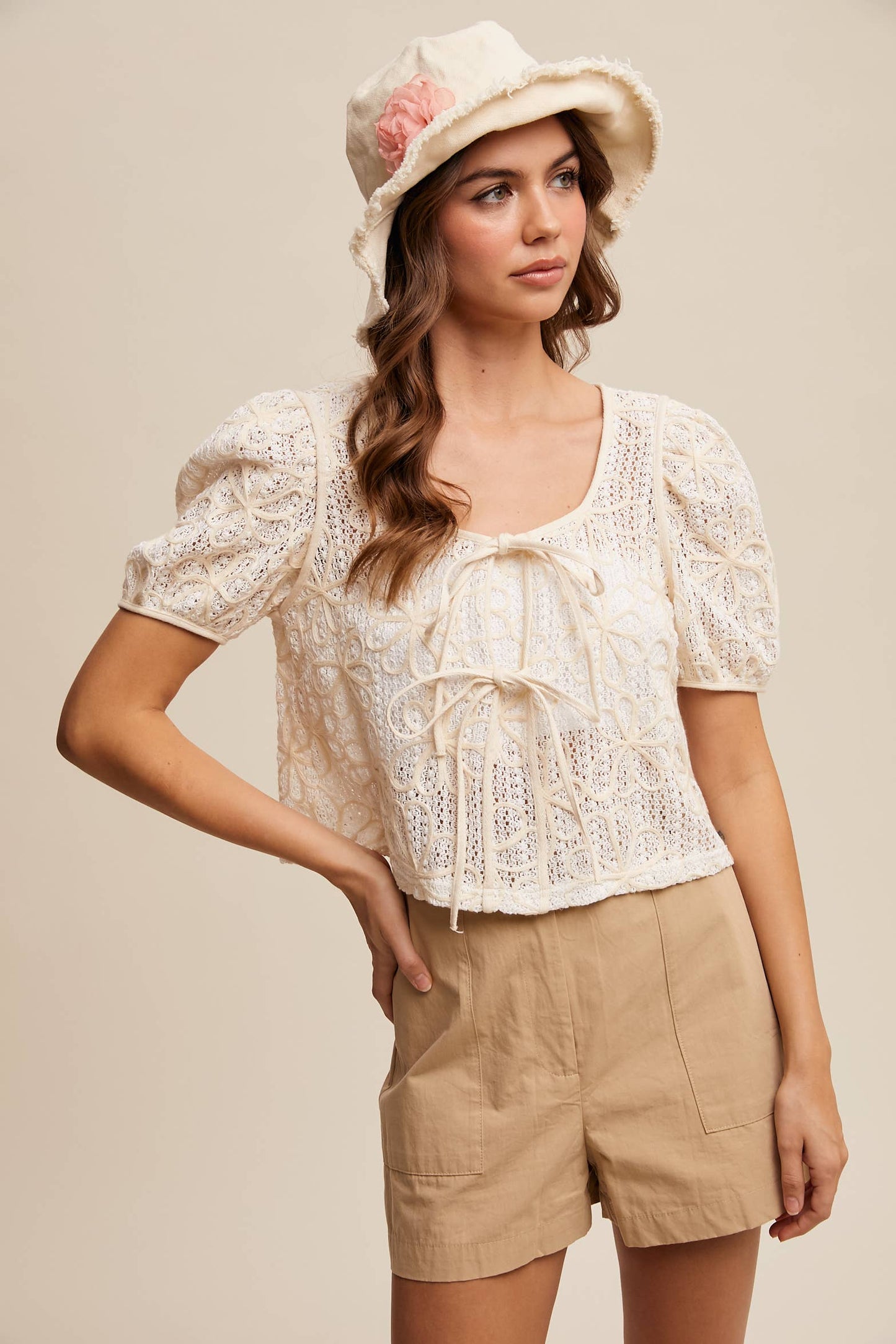 Embroidery Crochet Lace Puff Sleeve Blouse